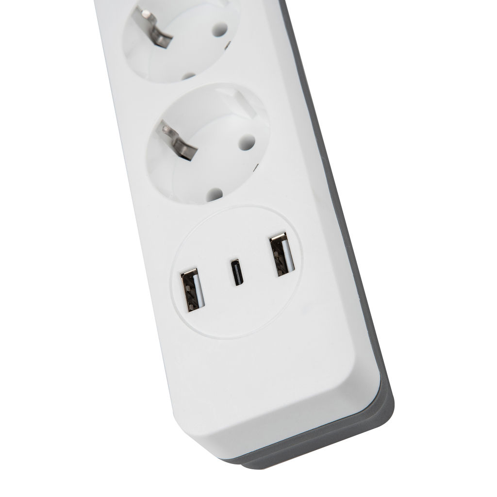 S-GSR5-3 U2C1 WHITE/GREY Сетевой фильтр серии Standard, шнур 3м (Пвс 3х0,75), 5 гнезд, с/з, 2USB+1TYPE C, 10A, 2500Вт. Белый/серый. TM Uniel