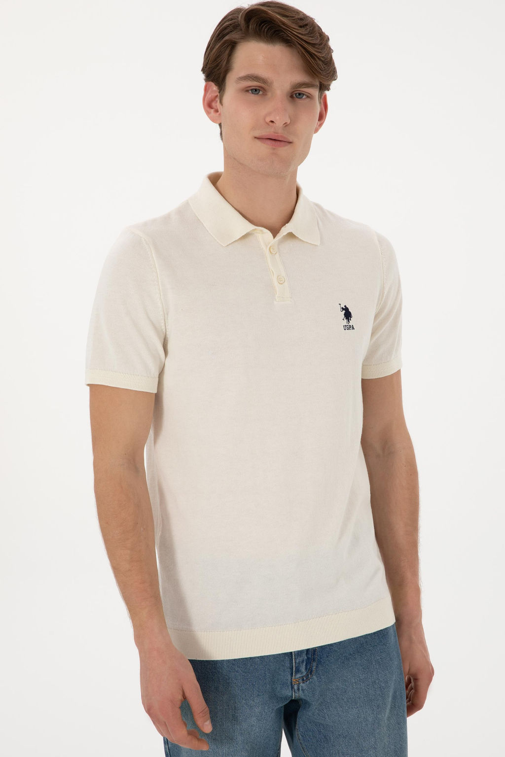 Erkek Slim Fit Polo Yaka Krem Ti__rt