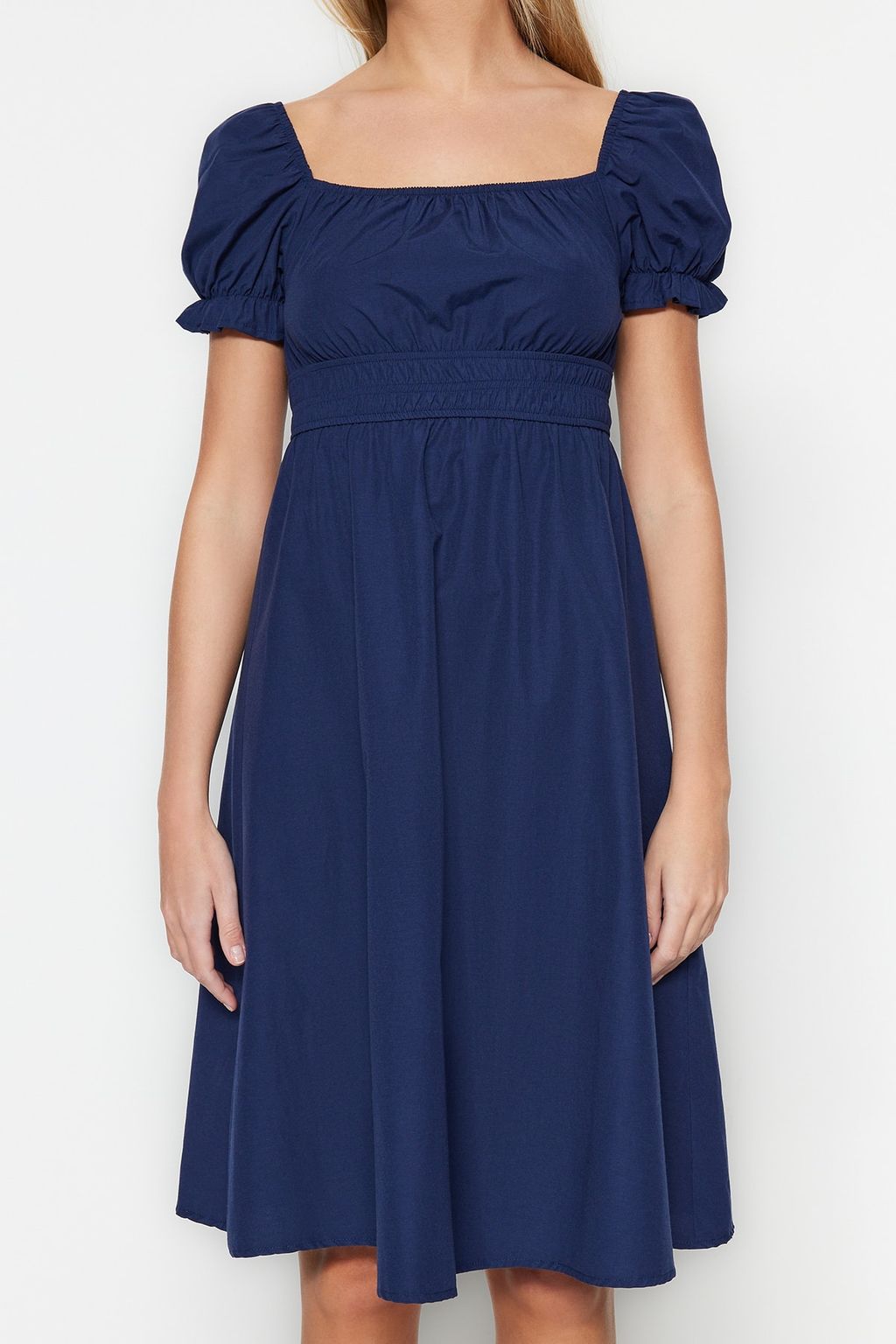 Lacivert Skater/Belden Ac?lan Balon Kollu Astarl? Midi Dokuma Elbise TWOSS22EL1768