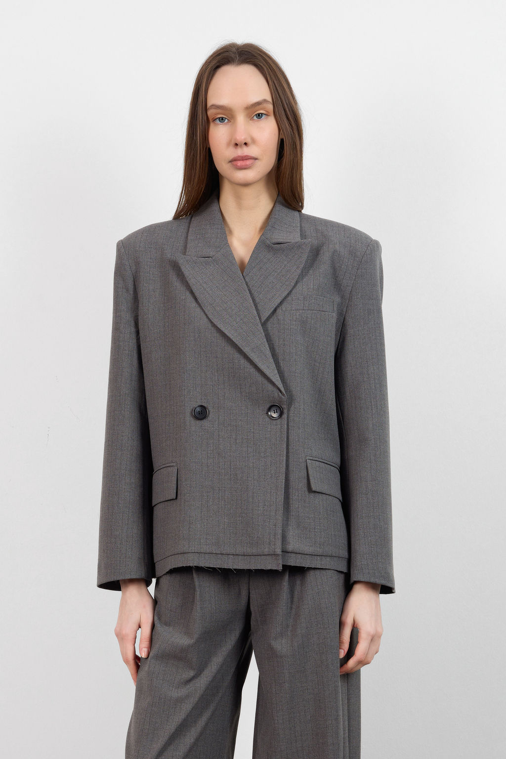 Antrasit Kendinden Cizgili Kruvaze Kapama Dokuma Blazer Ceket TWOAW26BC00039 - Trendyolmilla фото 2