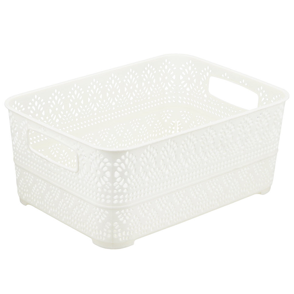 Домашняя мода Корзина пластмассовая для хранения Вышивка 26,5х19см h11,1см, матовый пластик, с серой крышкой, с ручками, ванильный (Китай)  фото 2