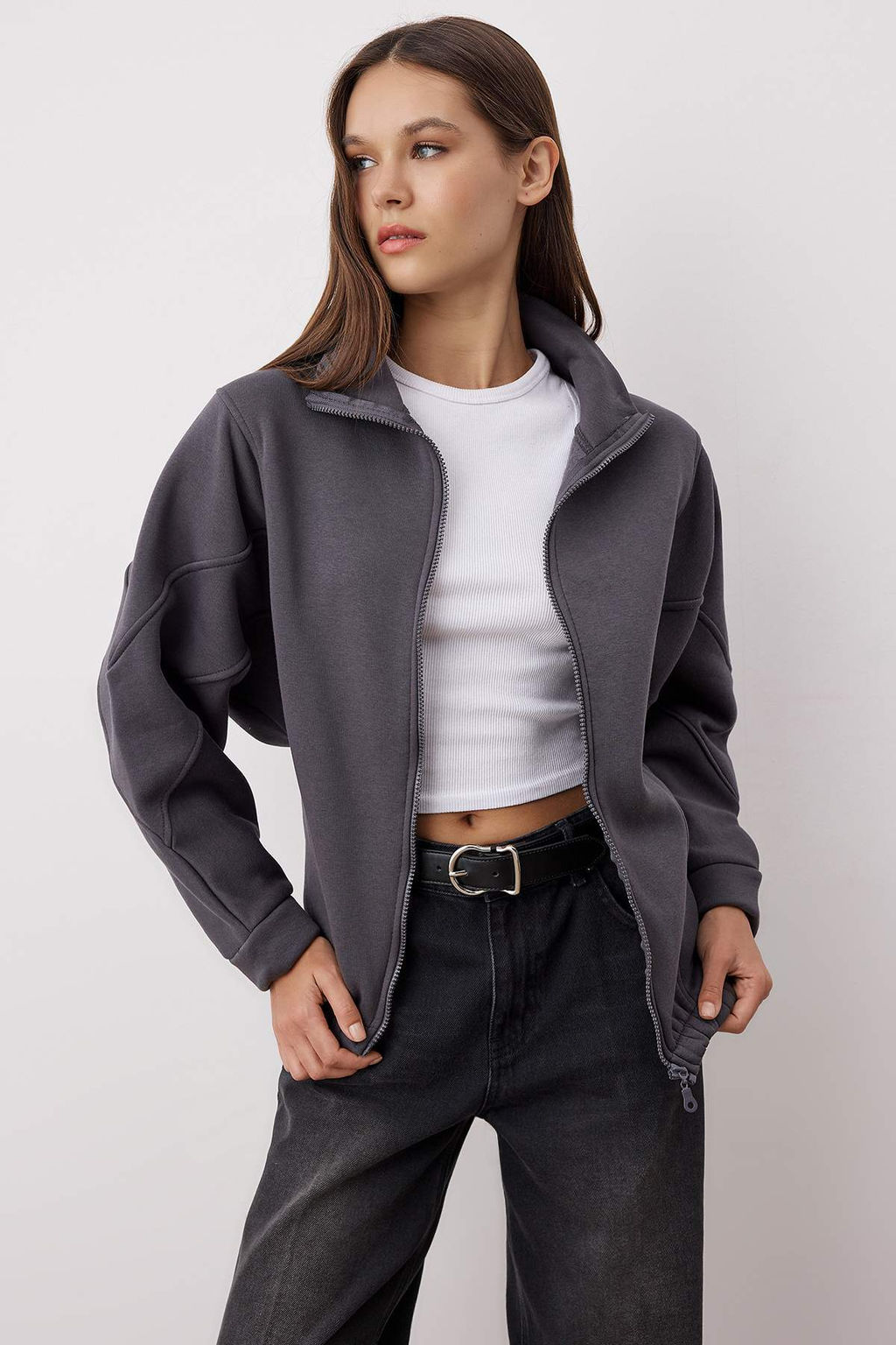 Antrasit Fermuarl? Dikis Detayl? Dik Yaka Bomber Orme Sweatshirt TWOAW26SW00037