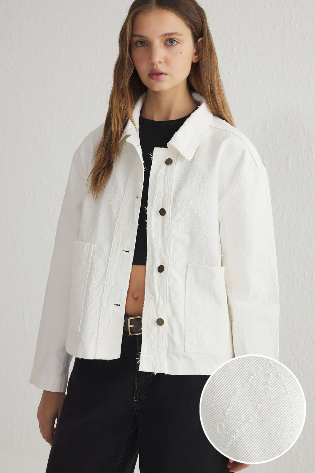 TRENDYOLMILLA Beyaz Oversize Desenli Ince Ceket Mont TWOSS25MO00016