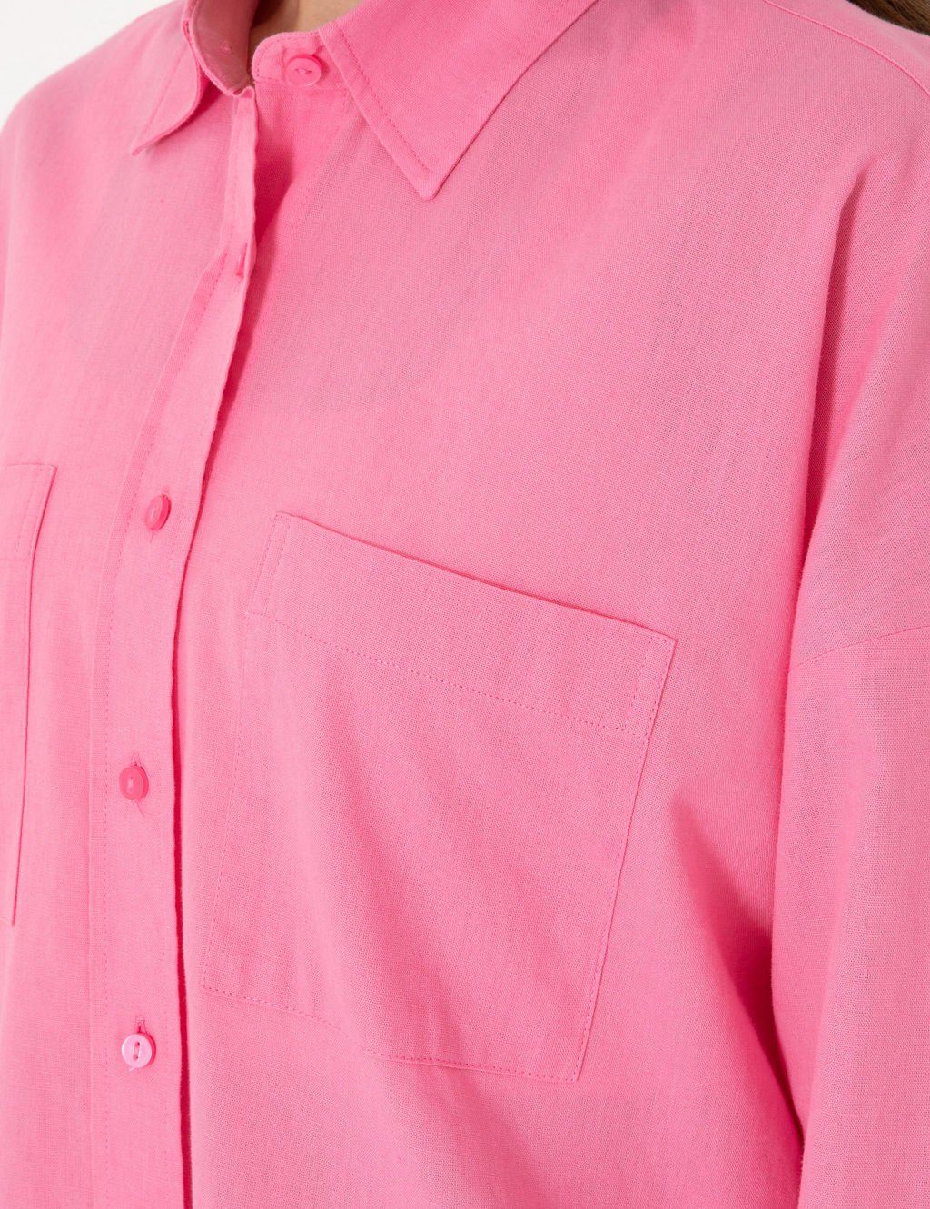 A__k Pembe Oversize Keten Kar___ml_ Uzun Kollu G_mlek