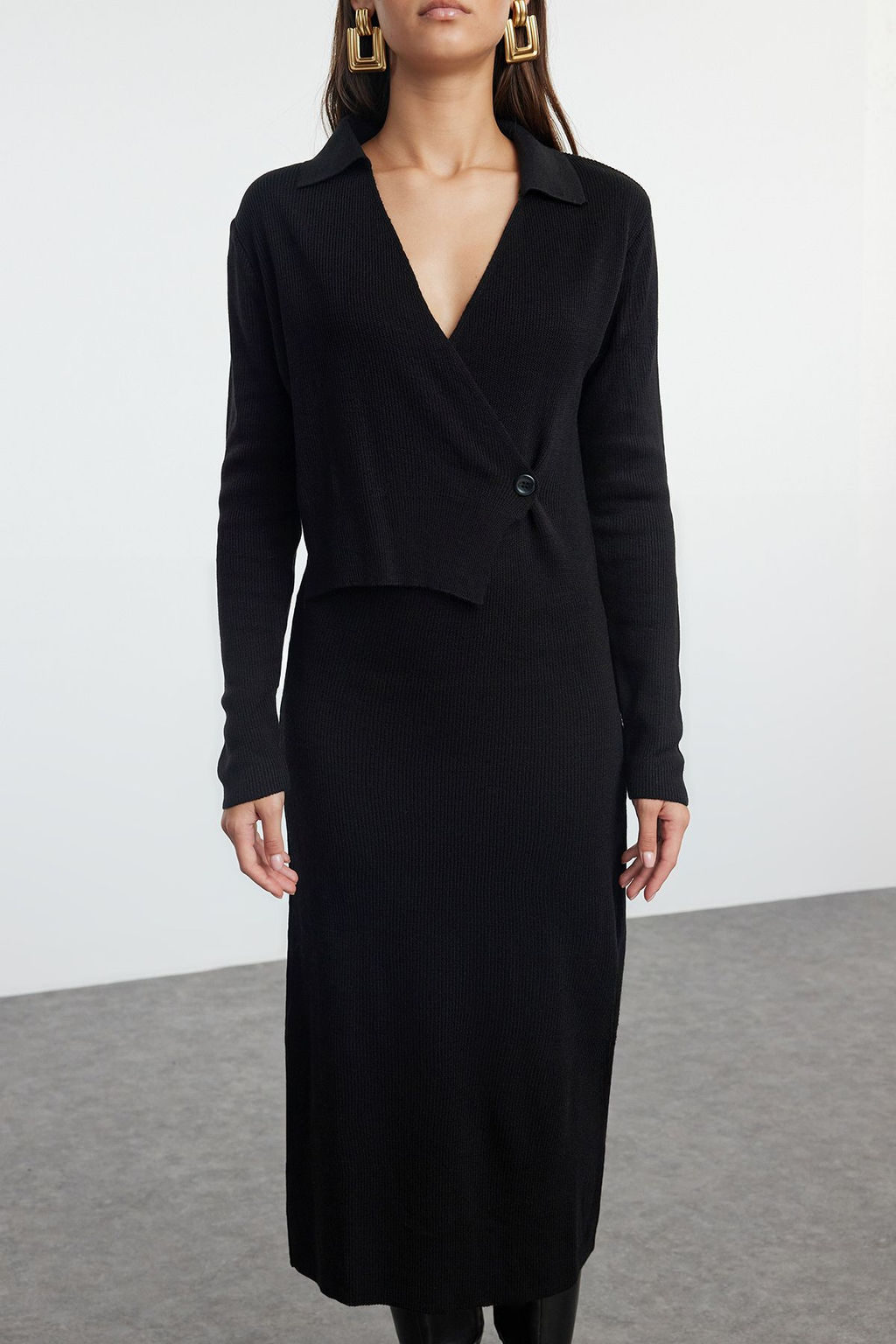 TRENDYOLMILLA Siyah Midi Triko Duz Kruvaze Elbise TWOAW25EL00011 фото 13