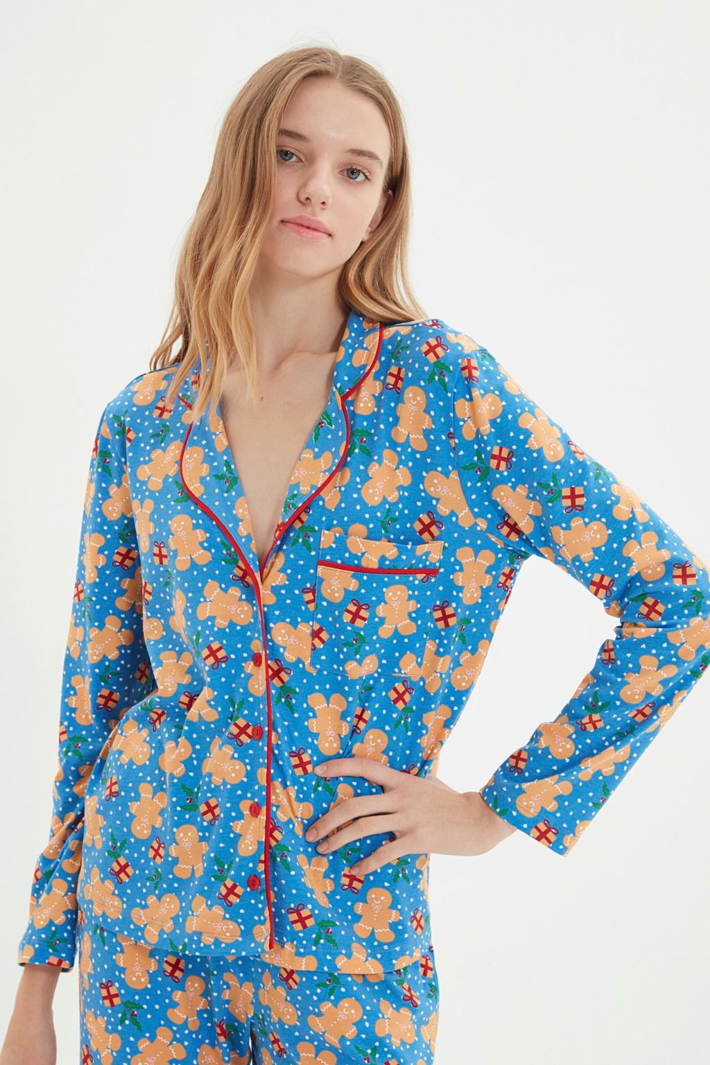 Trendyolmilla Mavi %100 Pamuklu Y?lbas? Temal? Orme Pijama Tak?m? THMAW22PT1204  фото 8