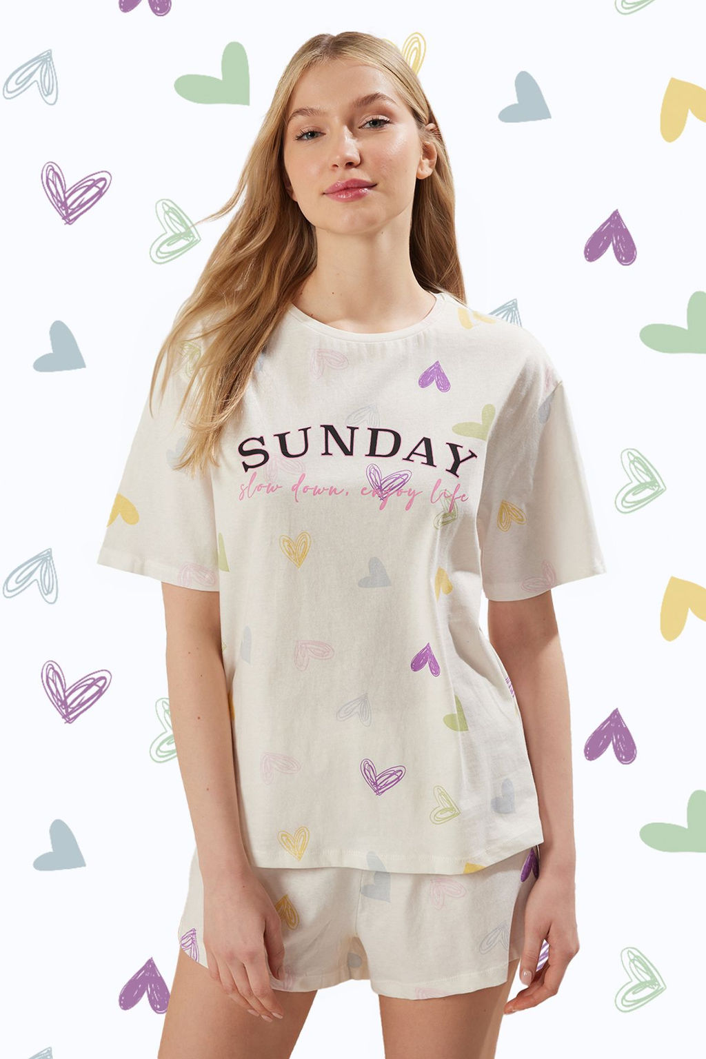 Beyaz %100 Pamuklu Kalpli Sloganl? Sortlu Orme Pijama Tak?m? THMSS25PT00168