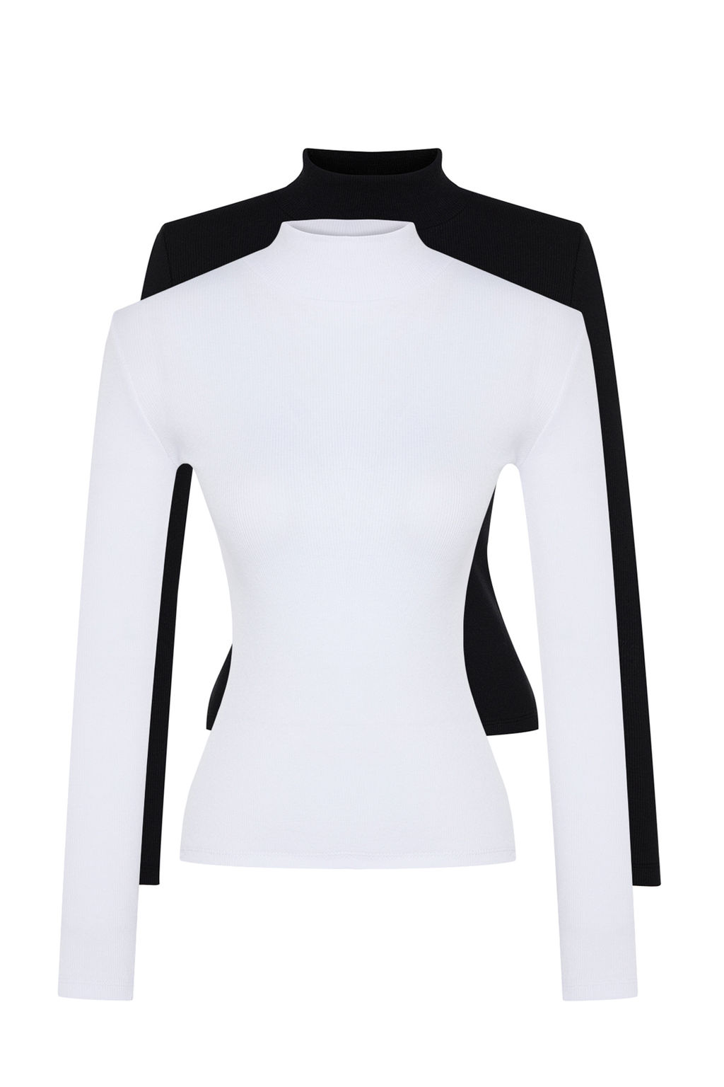 Trendyolmilla Siyah-Beyaz 2li Paket Fitilli Dik Yaka Fitted/Vucuda Oturan Uzun Kol Esnek Orme Bluz TWOAW24BZ00257