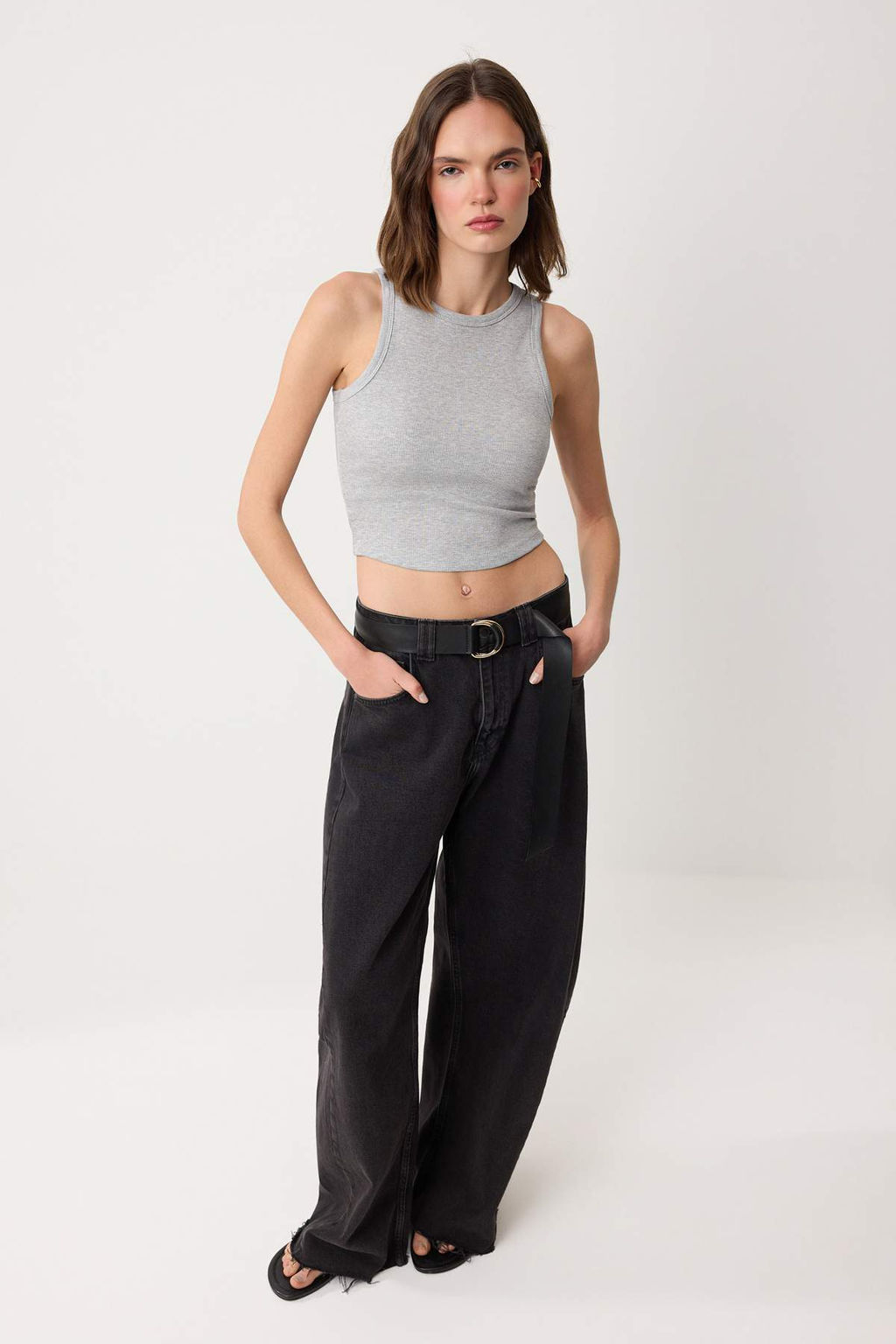 Gri Melanj Duz Fitted Halter Yaka Kolsuz Fitilli Esnek Orme Atlet TWOSS26AL00055 - Trendyolmilla фото 2