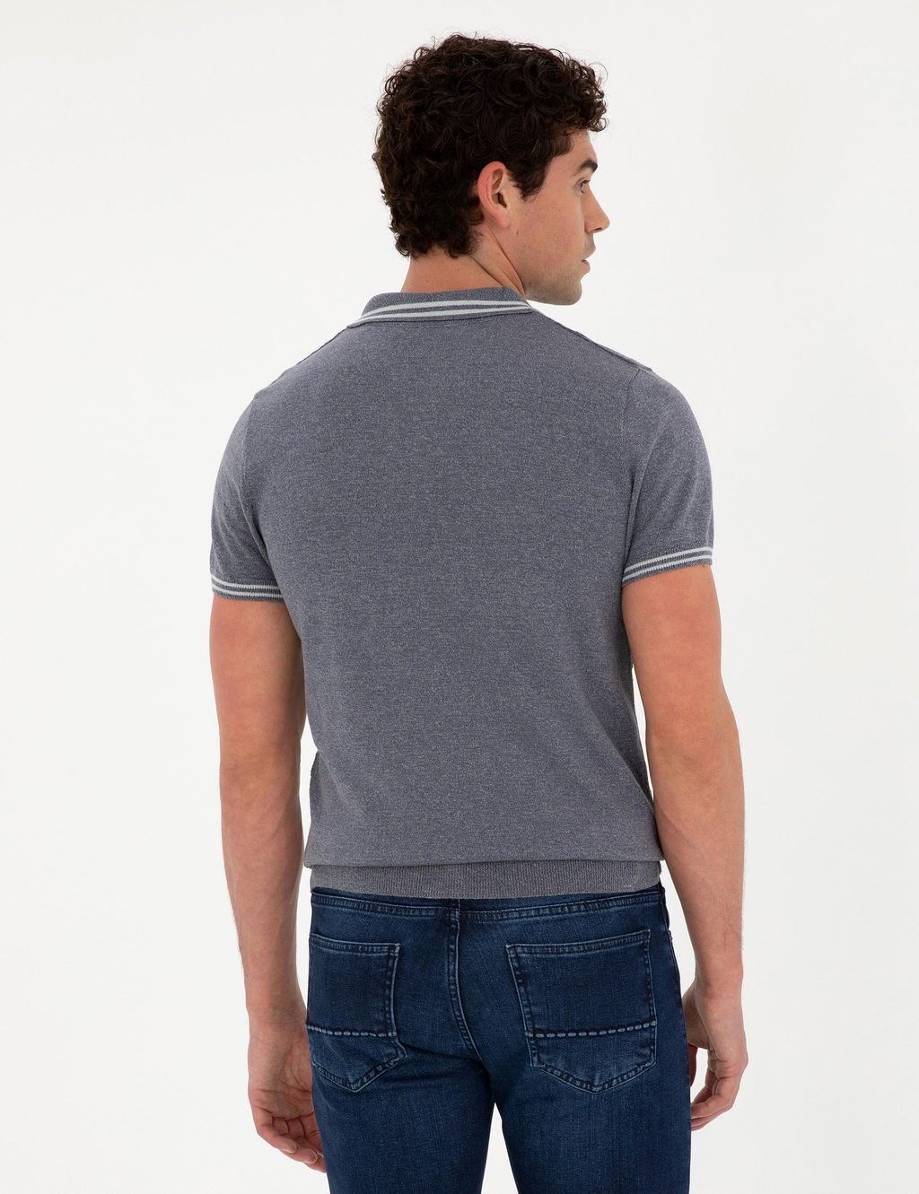 _ndigo Slim Fit Fermuarl_ Polo Yaka Keten Kar___ml_ Triko Ti__rt