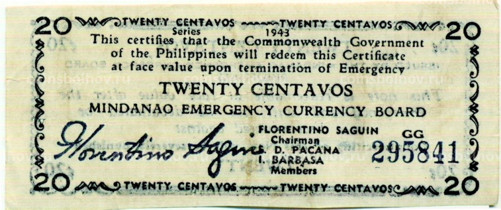 Банкнота 20 сентаво 1943 года Филиппины (Минданао, Администрация США)