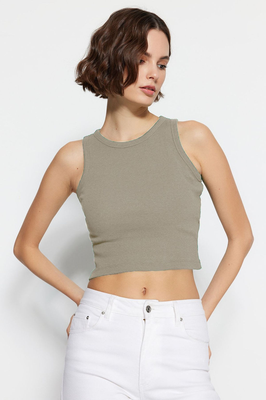 Kahverengi-Tas 2li Paket Vucuda Oturan Crop Halter Yaka Fitilli Esnek Orme Atlet TWOSS21AL0058