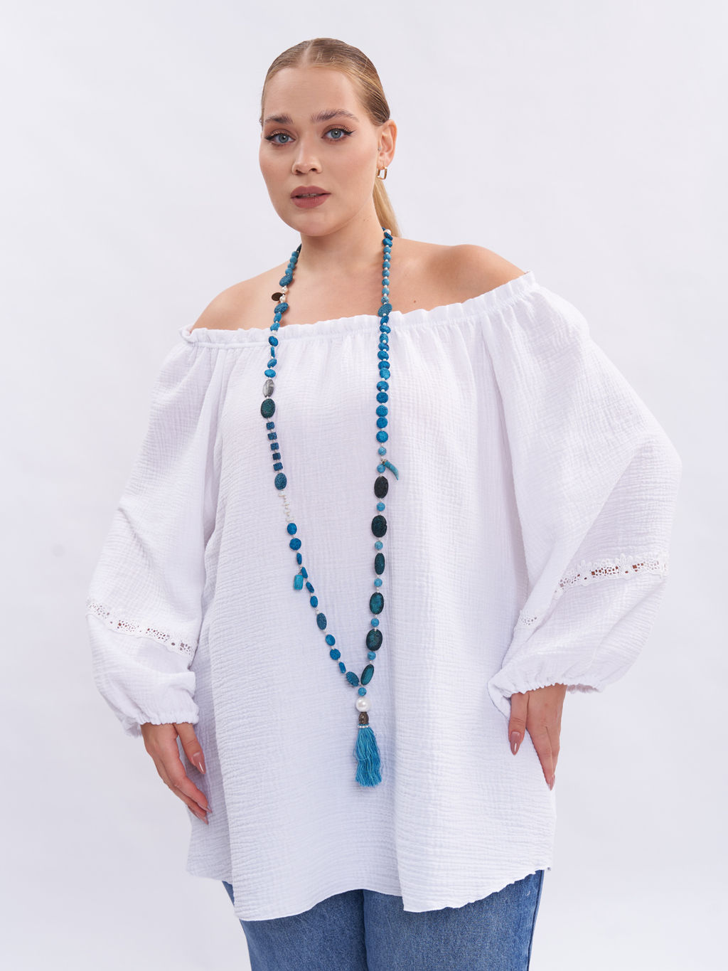 Блузка из муслина с кружевом BL09401WHT02