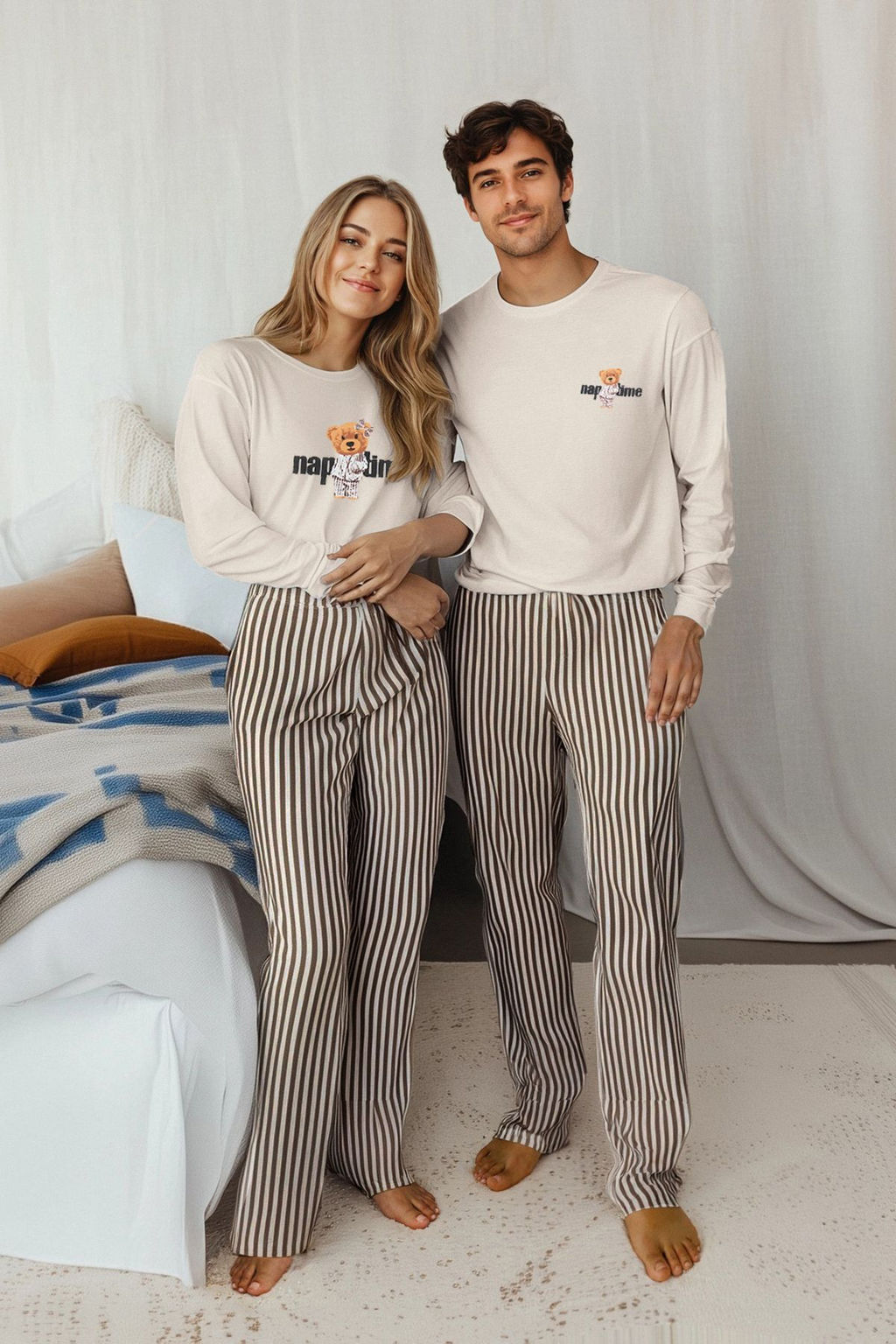 Kad?n Couple/Cift Ekru %100 Pamuklu Cizgili Ay?c?kl? Orme Pijama Tak?m? THMAW25PT00171