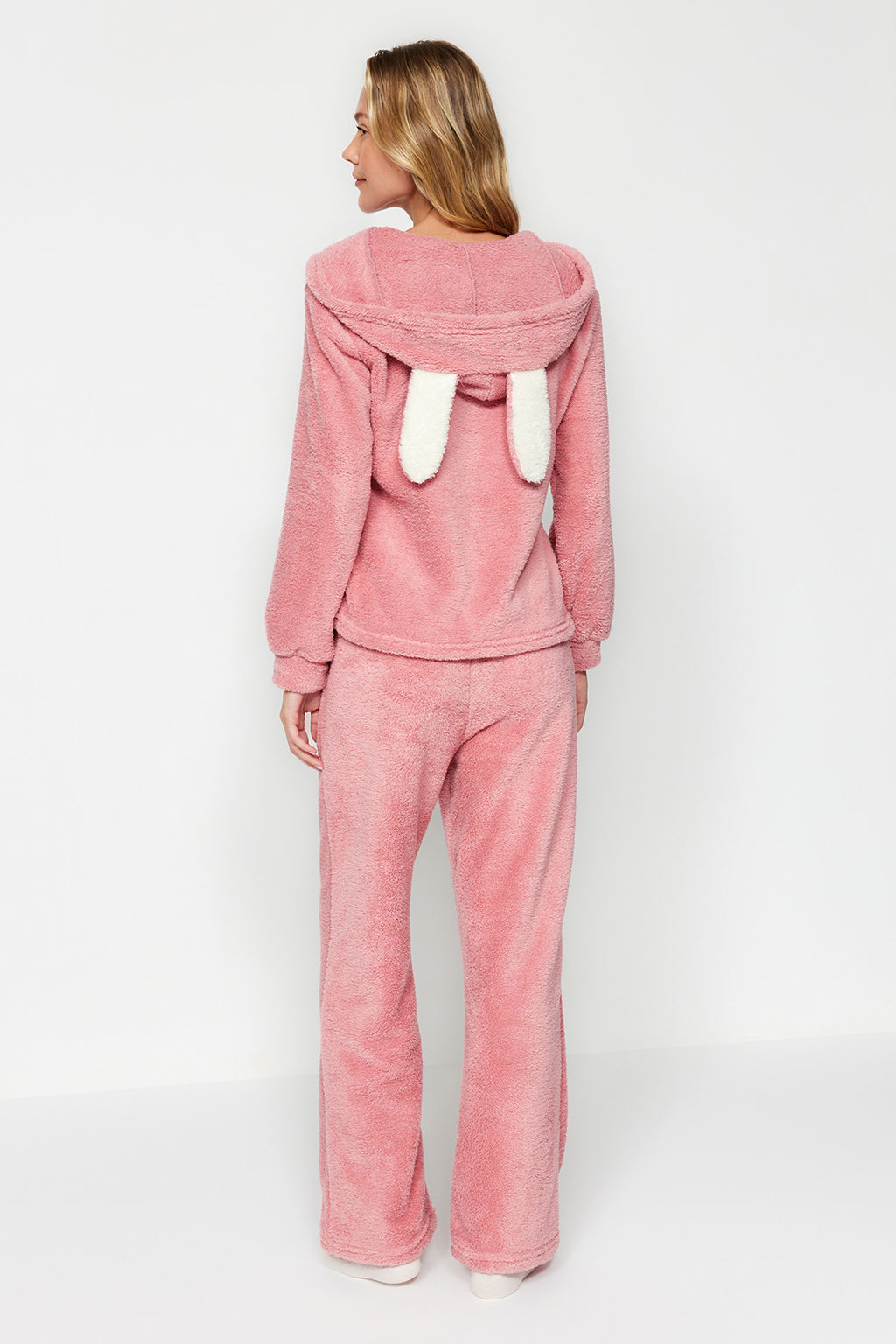 Pembe Wellsoft Kapuson Kulak Detayl? K?sl?k Orme Pijama Tak?m? THMAW24PT00030