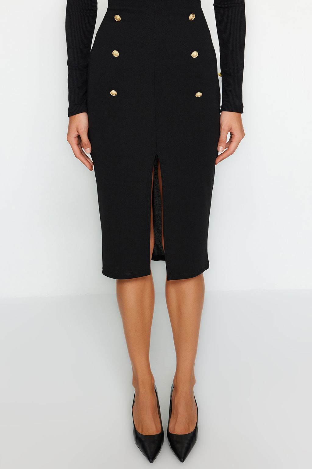 TRENDYOLMILLA Siyah Smart Scuba Krep Dugmeli Midi Y?rtmacl? Esnek Orme Etek TWOAW24ET00161 фото 3