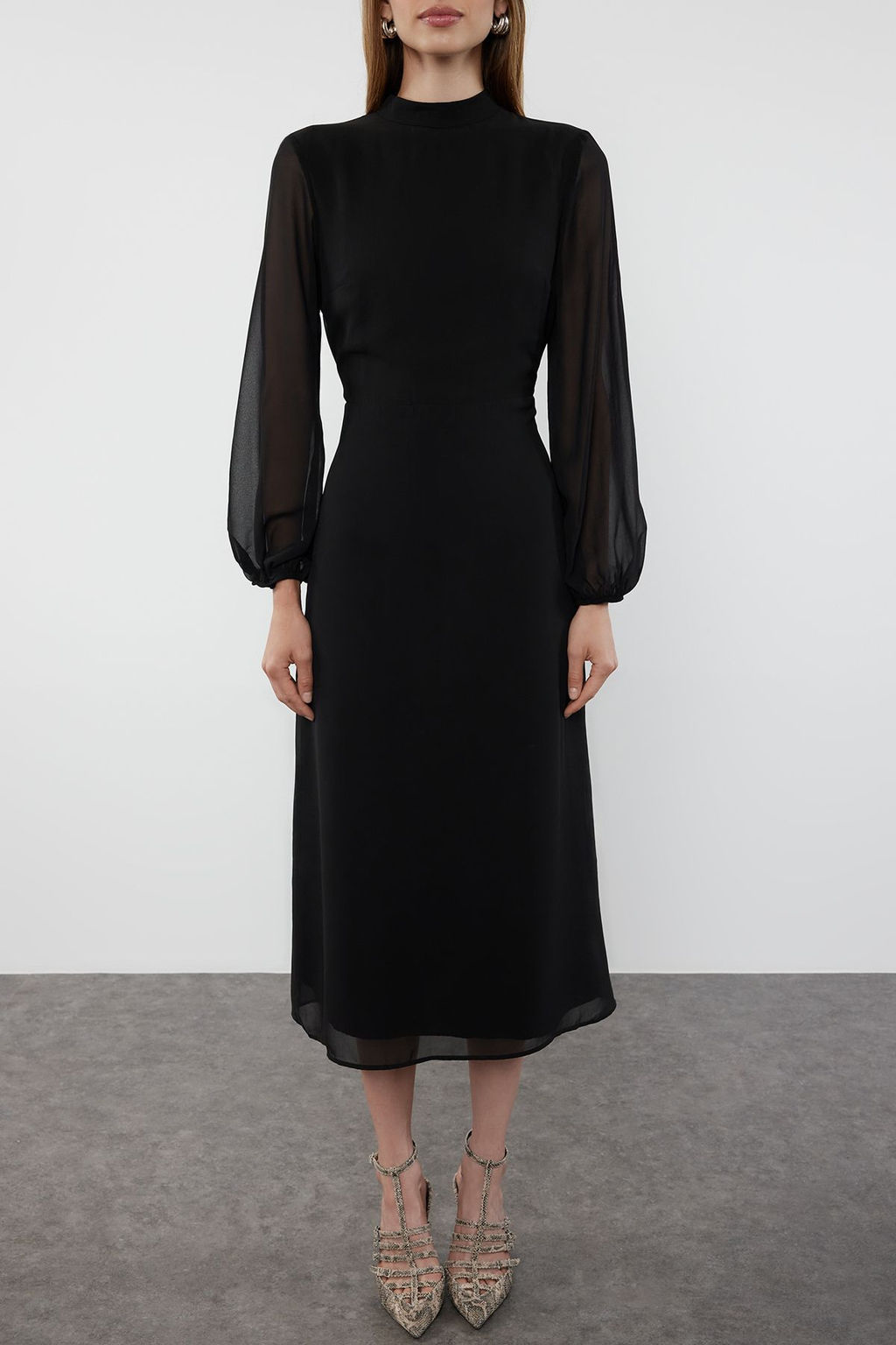 Siyah A Kesim S?rt Detayl? Astarl? Midi Sifon Dokuma K?sl?k Elbise TWOAW25EL00172 - Trendyolmilla фото 5