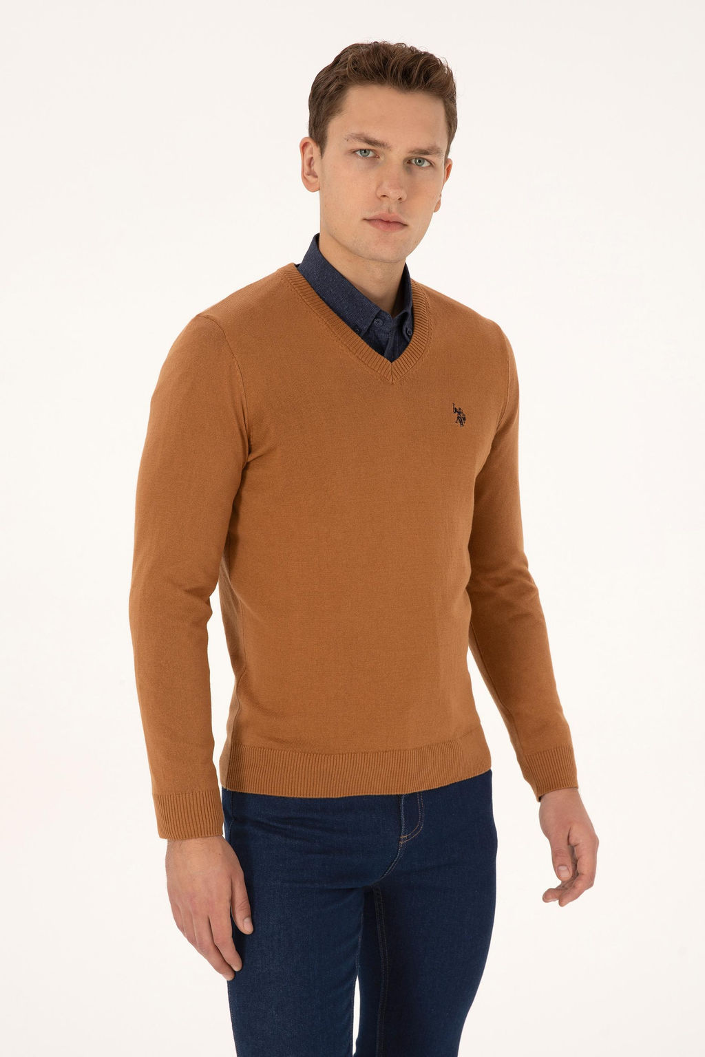 Erkek Slim Fit V Yaka Camel Basic Triko Kazak - U.s. polo assn фото 3