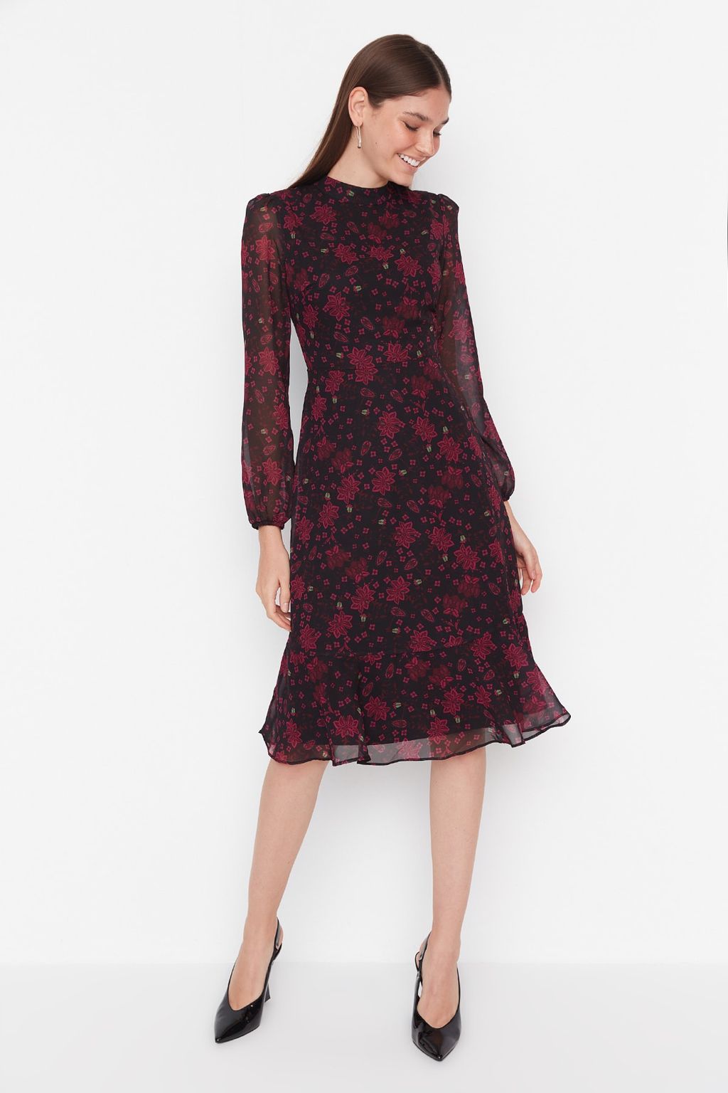 Pembe Cicekli A Kesim Dik Yaka Midi Astarl? Sifon Dokuma K?sl?k Elbise TWOAW20EL1313