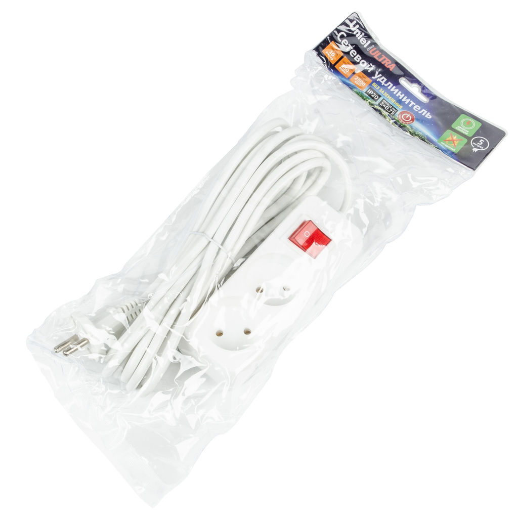 S-CU2-5B WHITE Удлинитель серии Ultra, шнур 5м., 2 гнезда, 10A, б/з. Белый. TM Uniel