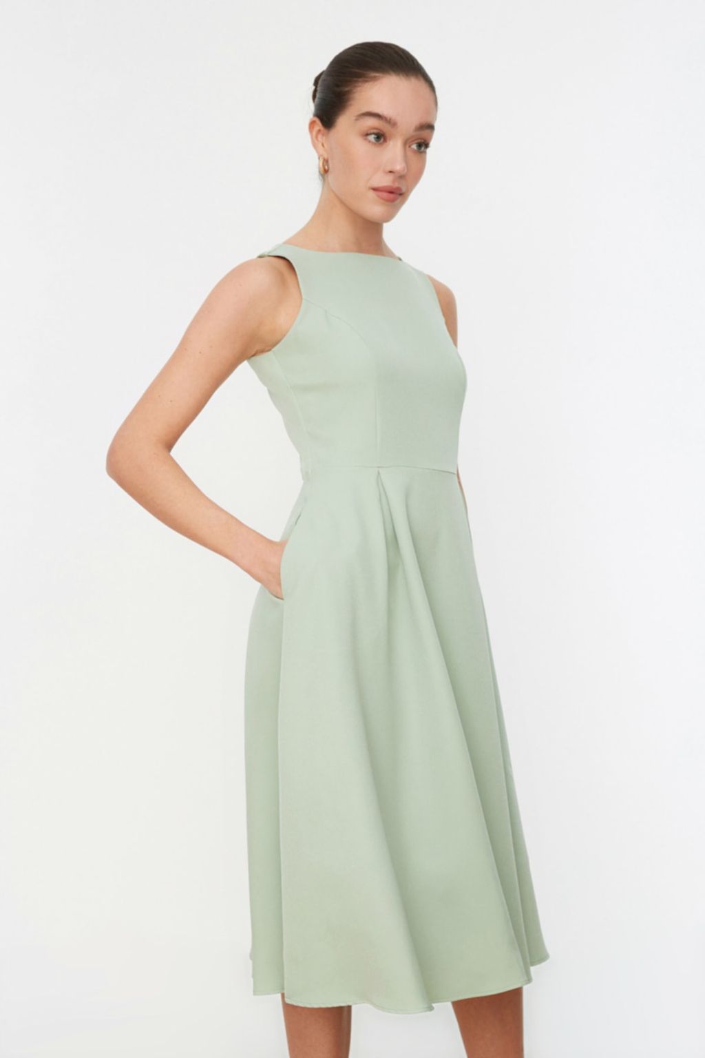 TRENDYOLMILLA Siyah Belden Ac?lan Pileli Midi Dokuma Elbise TWOSS20EL0980  фото 2