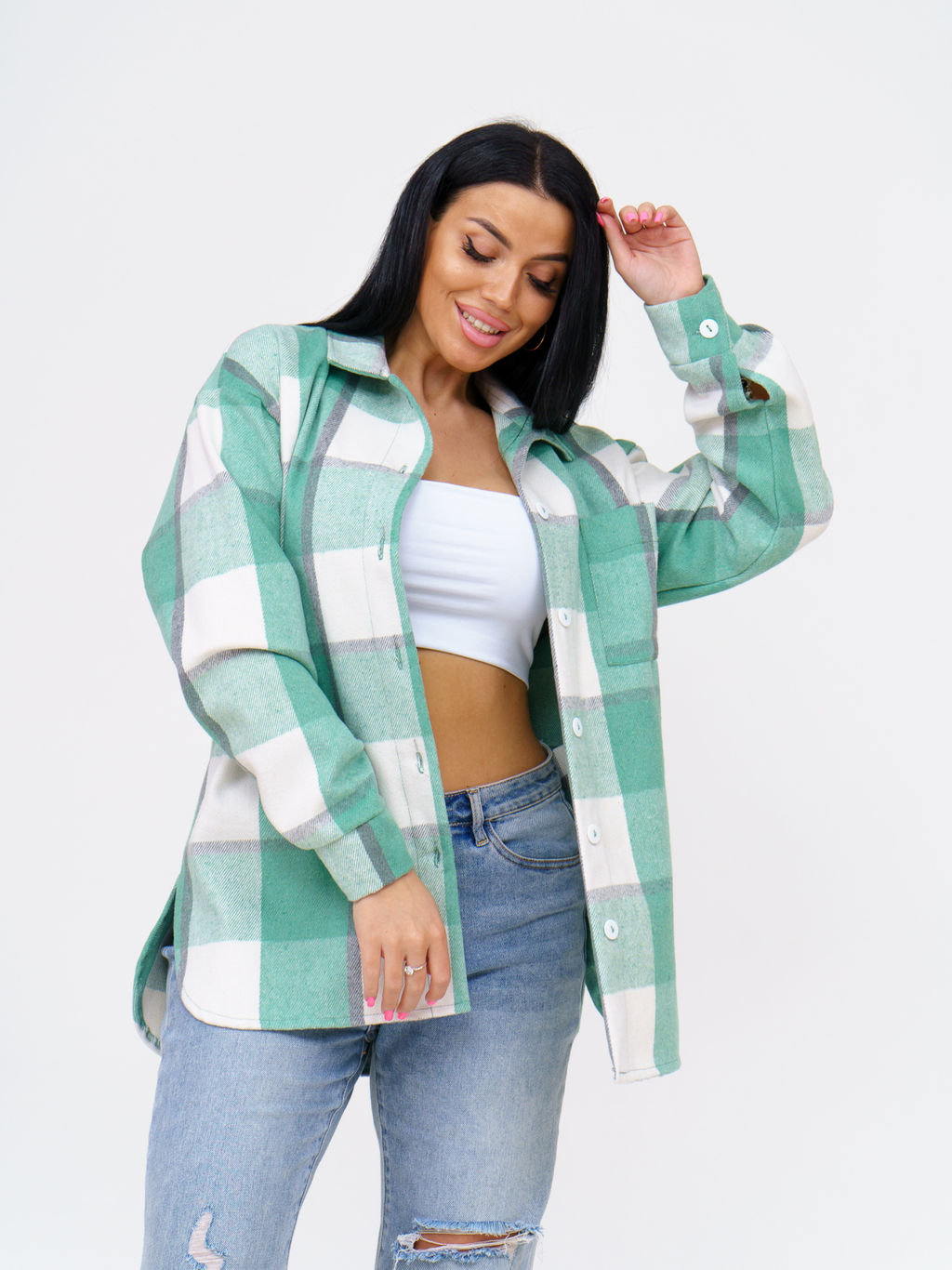 930 Туника-Рубашка "Клетка салатовая"