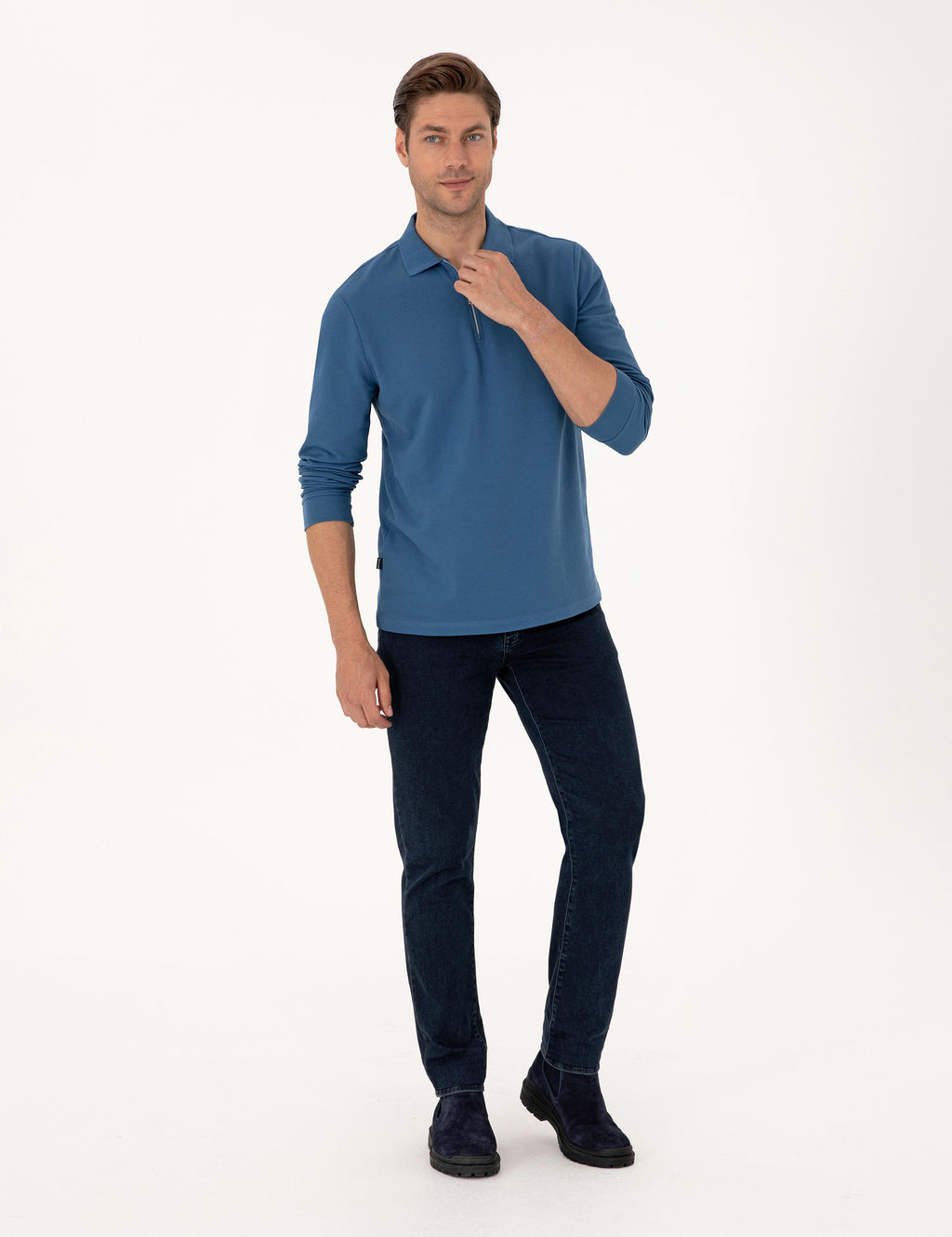 A__k Lacivert Slim Fit K_vr_lmaz Fermuarl_ Polo Yaka Basic Pike Sweatshirt