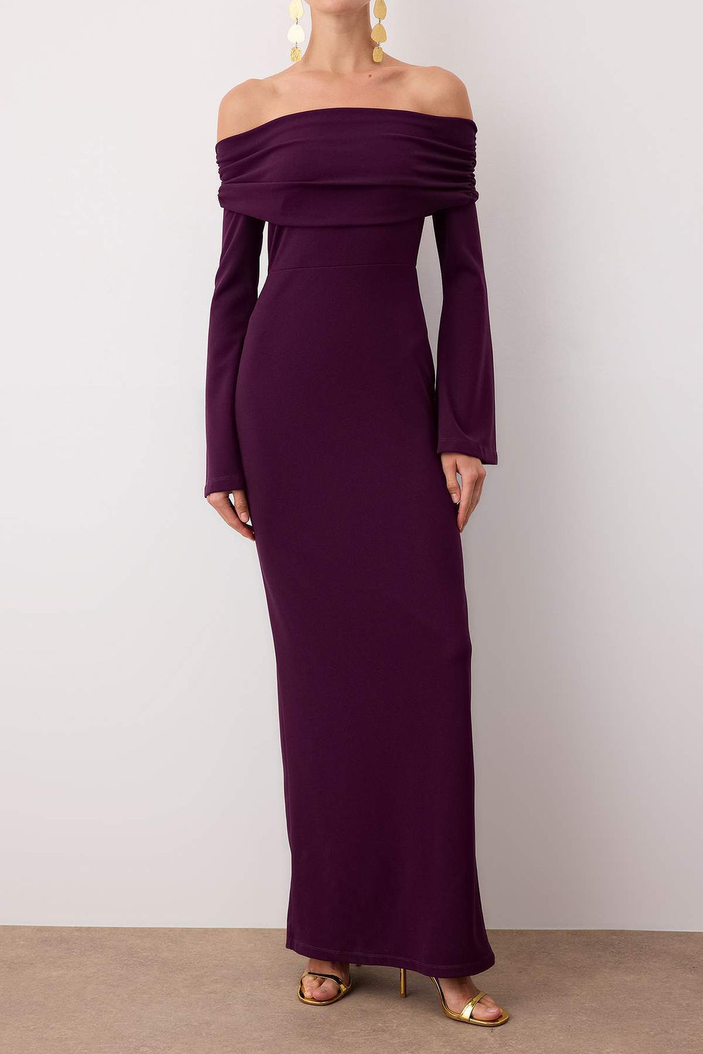 Bordo Vucuda Oturan Carmen Yaka Orme Maxi S?k Abiye Gece Mezuniyet Elbisesi TPRSS24AE00204