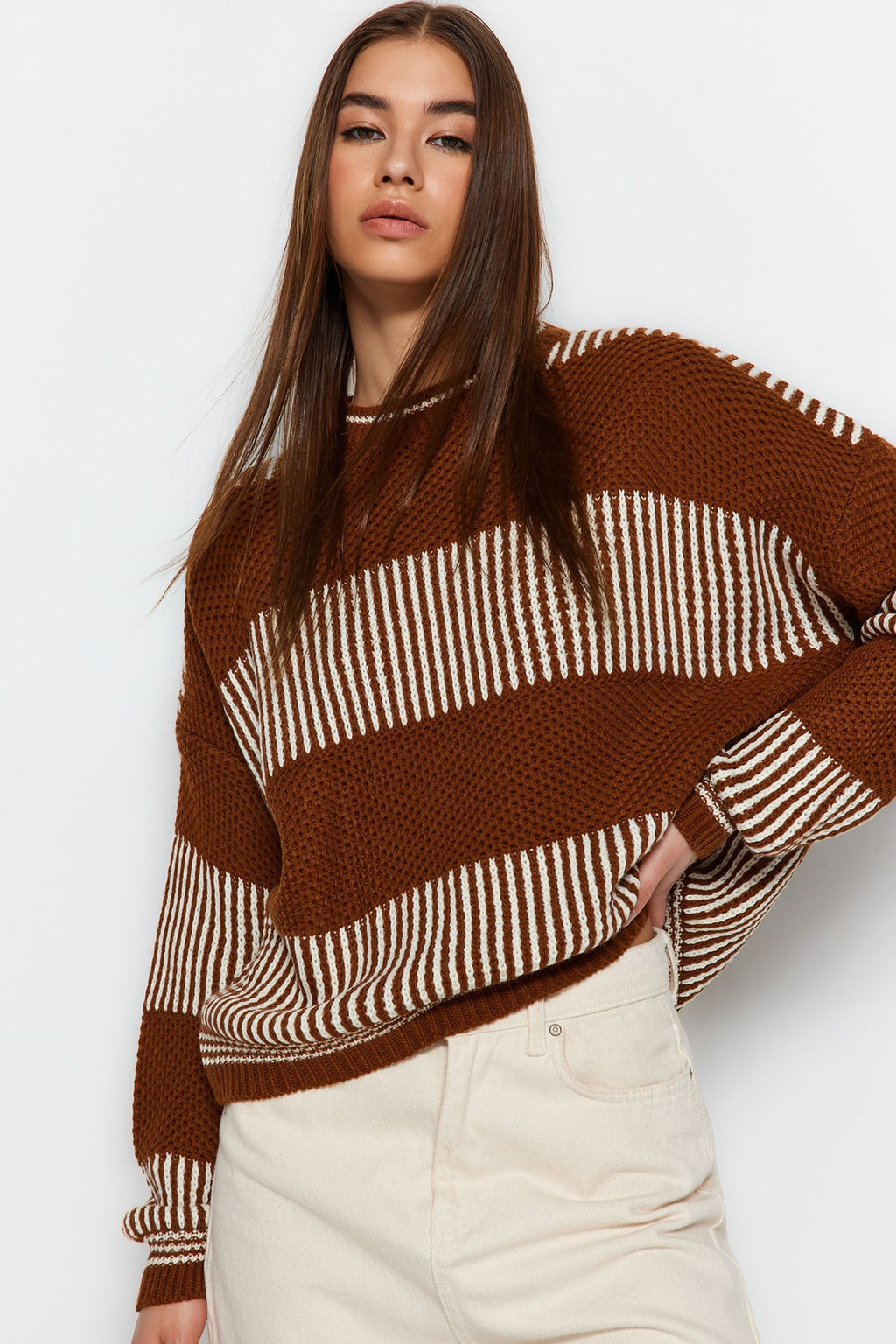 Ac?k Yesil Genis Kal?p Cizgili Triko Kazak TWOAW23KZ00012 - Trendyolmilla фото 25