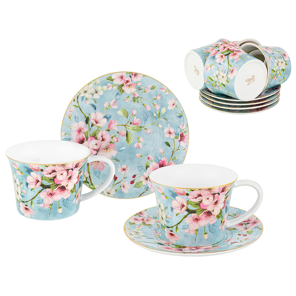 Чайный набор 12 пр. 250 мл 12,5*9,5*7 см "Яблоневый цвет на голубом" фарфор NEW BONE CHINA