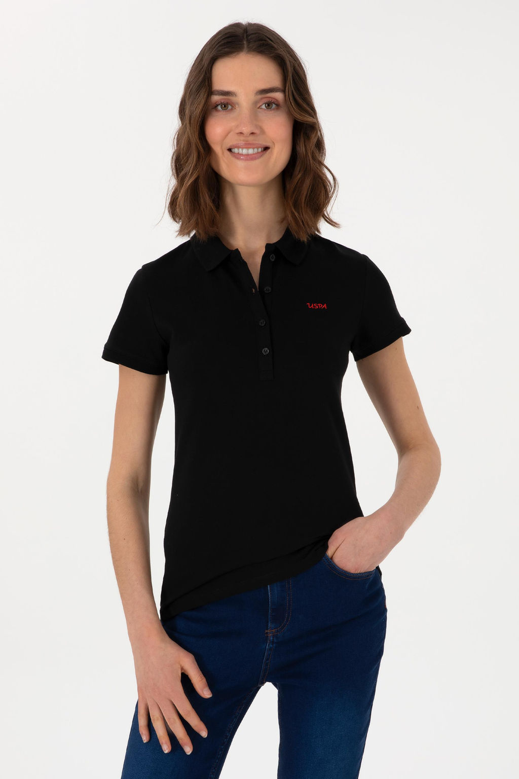 Kad_n Siyah Basic Polo Yaka Ti__rt Sepette S_rpriz _ndirim