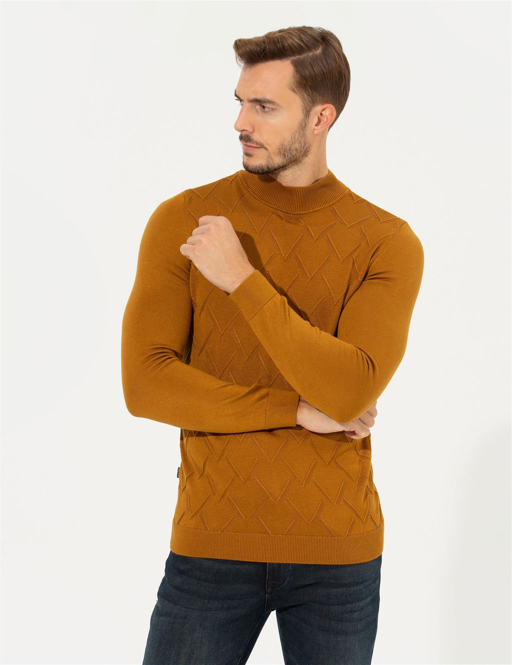Kahverengi Slim Fit Bal_k__ Yaka Triko Kazak