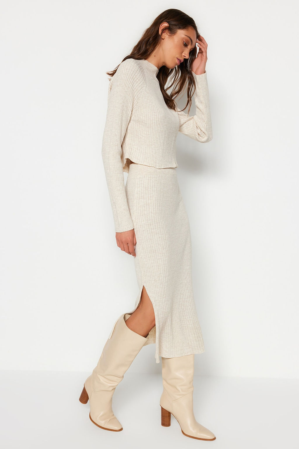 Camel Crop Basic Etekli Triko Alt - Ust Tak?m TWOAW23AU00170 - Trendyolmilla фото 7