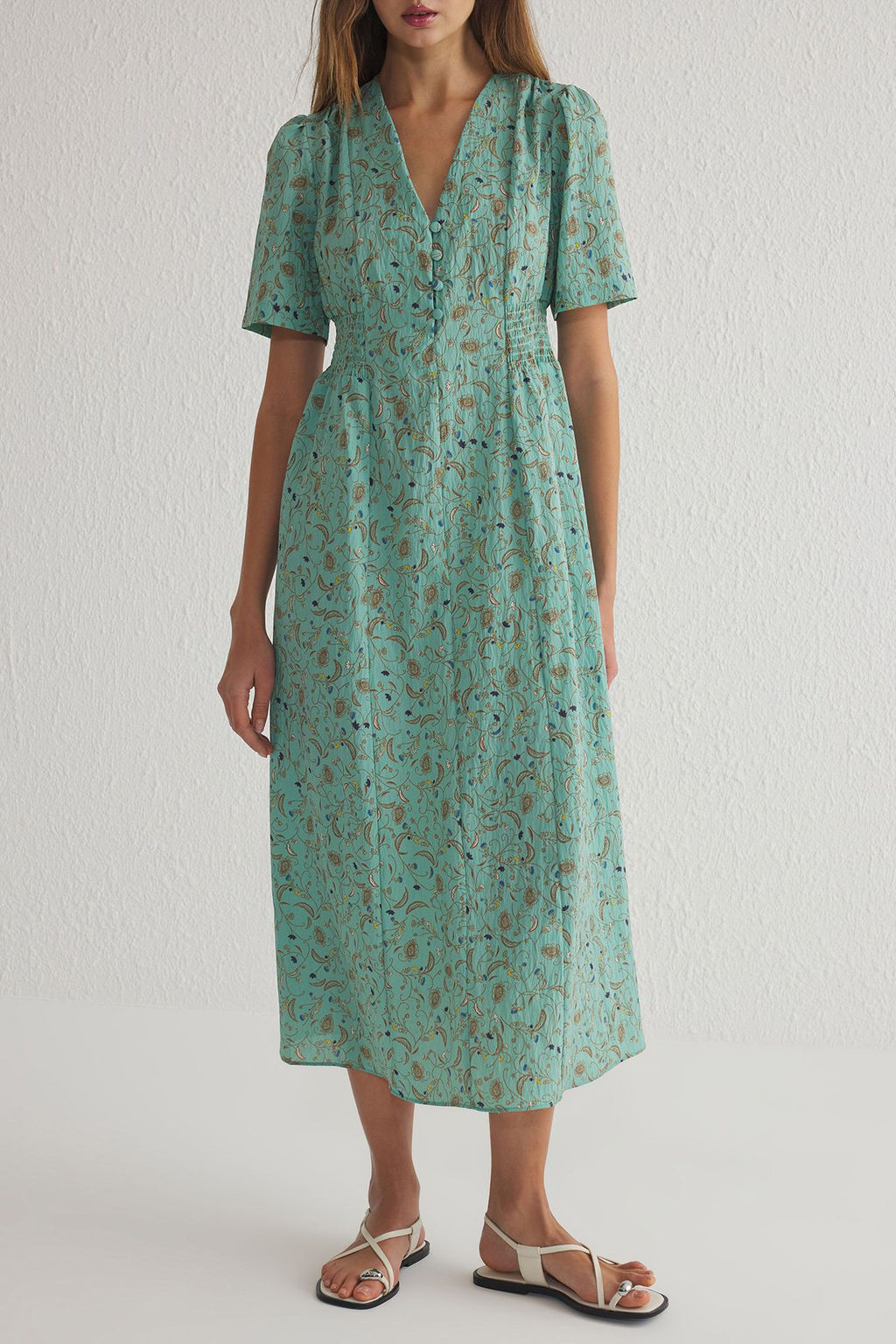 Yesil Cicekli A Kesim Gipeli Midi Dokuma Elbise TWOSS25EL00115 - Trendyolmilla фото 5