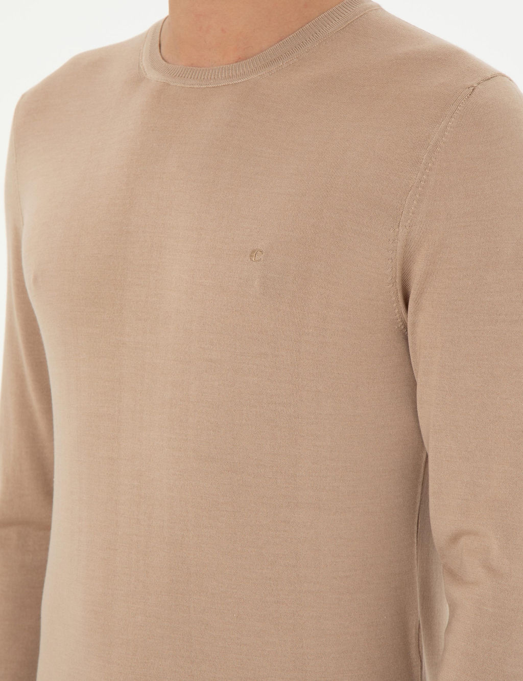 Bej Slim Fit Ka_mir _pek Kar___ml_ Bisiklet Yaka Triko Kazak