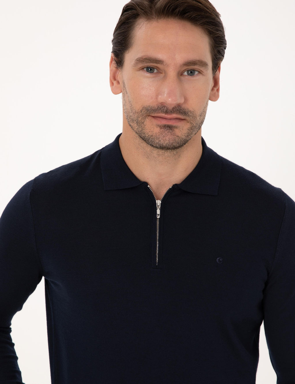 Lacivert Regular Fit Y_n Kar___ml_ Fermuarl_ Polo Yaka Basic Triko Kazak - Cacharel фото 2