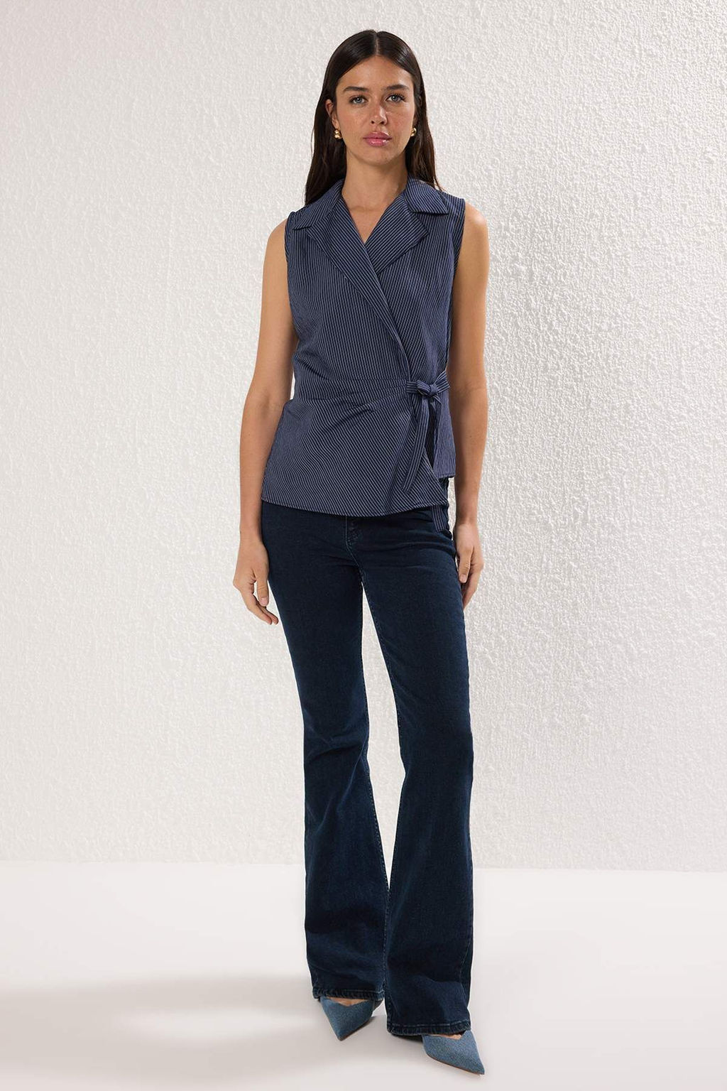 Lacivert Kruvaze Kolsuz Cizgili Gomlek TWOSS25GO00156