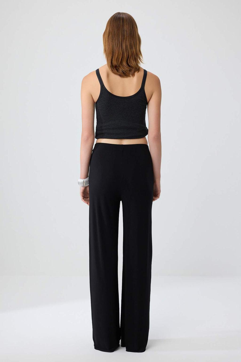 Siyah D_z Wide Leg Y_ksek Bel Uzun Ba_lama Detayl_ Esnek _rme Pantolon TWOSS26PL00244 - Trendyolmilla фото 4