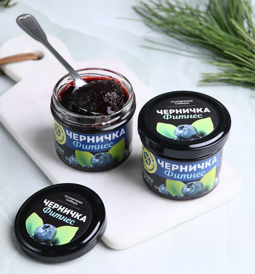 Джем ЧЕРНИЧКА ФИТНЕС / 100 г / без сахара / банка / Солнечная Сибирь