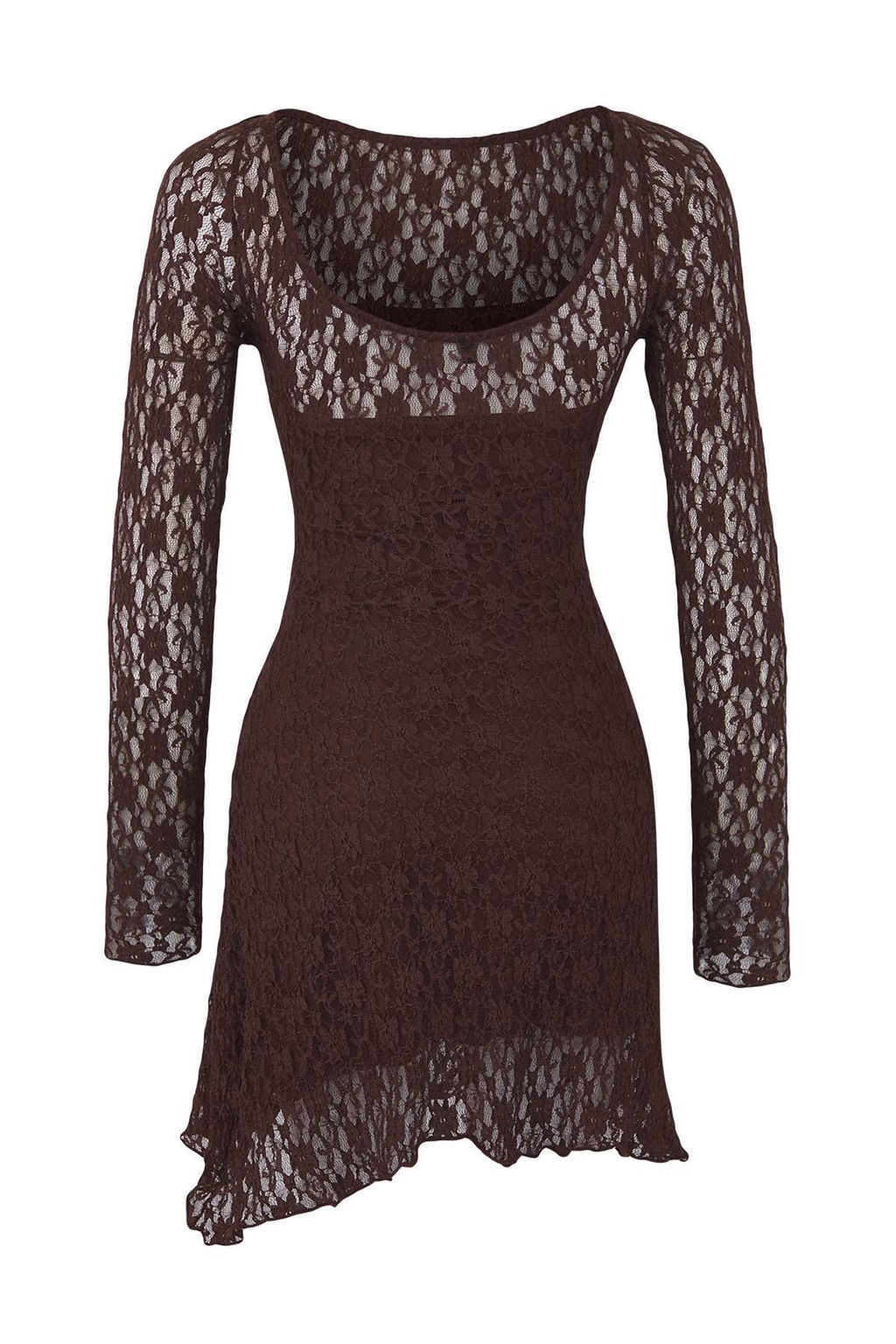 Kahverengi S?rt Dekolteli Asimetrik Detayl? Mini/K?sa Dantel Esnek Orme Elbise TWOSS25EL00903 - Trendyolmilla фото 6
