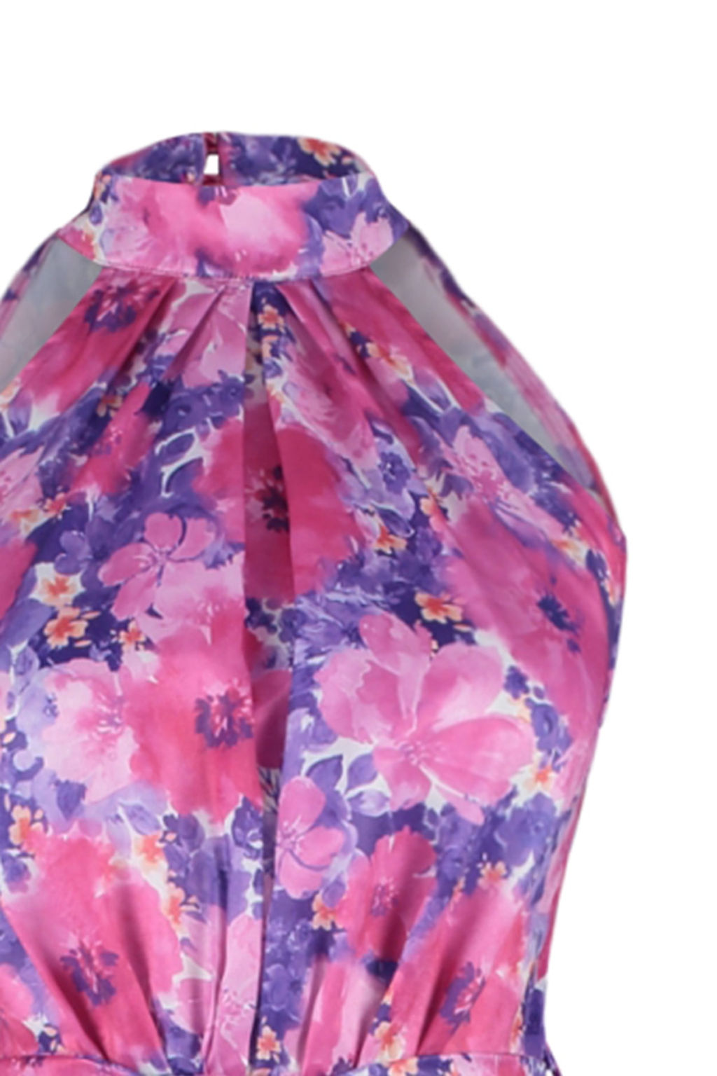 Fusya Cicek Desenli Halter Yaka A Kesim Saten Mini Dokuma Elbise TWOSS20EL2490
