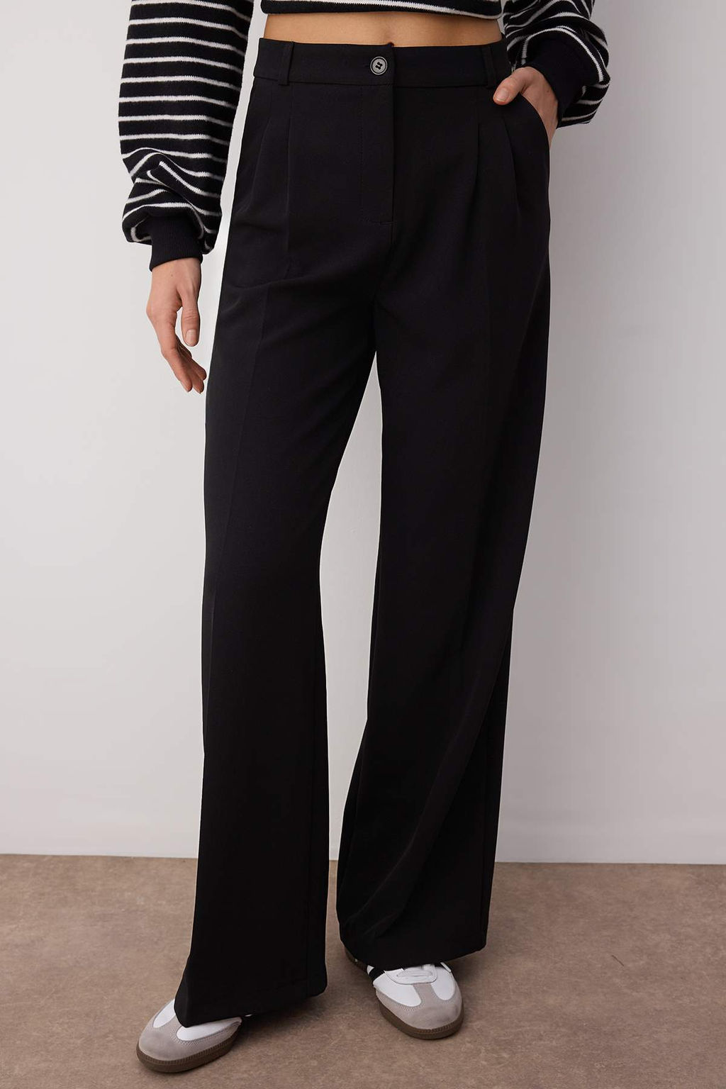 Siyah Pilili Wide Leg/Genis Paca Dokuma Pantolon TWOAW25PL00109 Palazzo