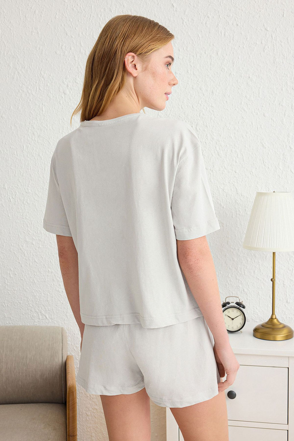 Trendyolmilla Ac?k Gri %100 Pamuklu Panda Bask?l? Sortlu Orme Pijama Tak?m? THMSS25PT00068