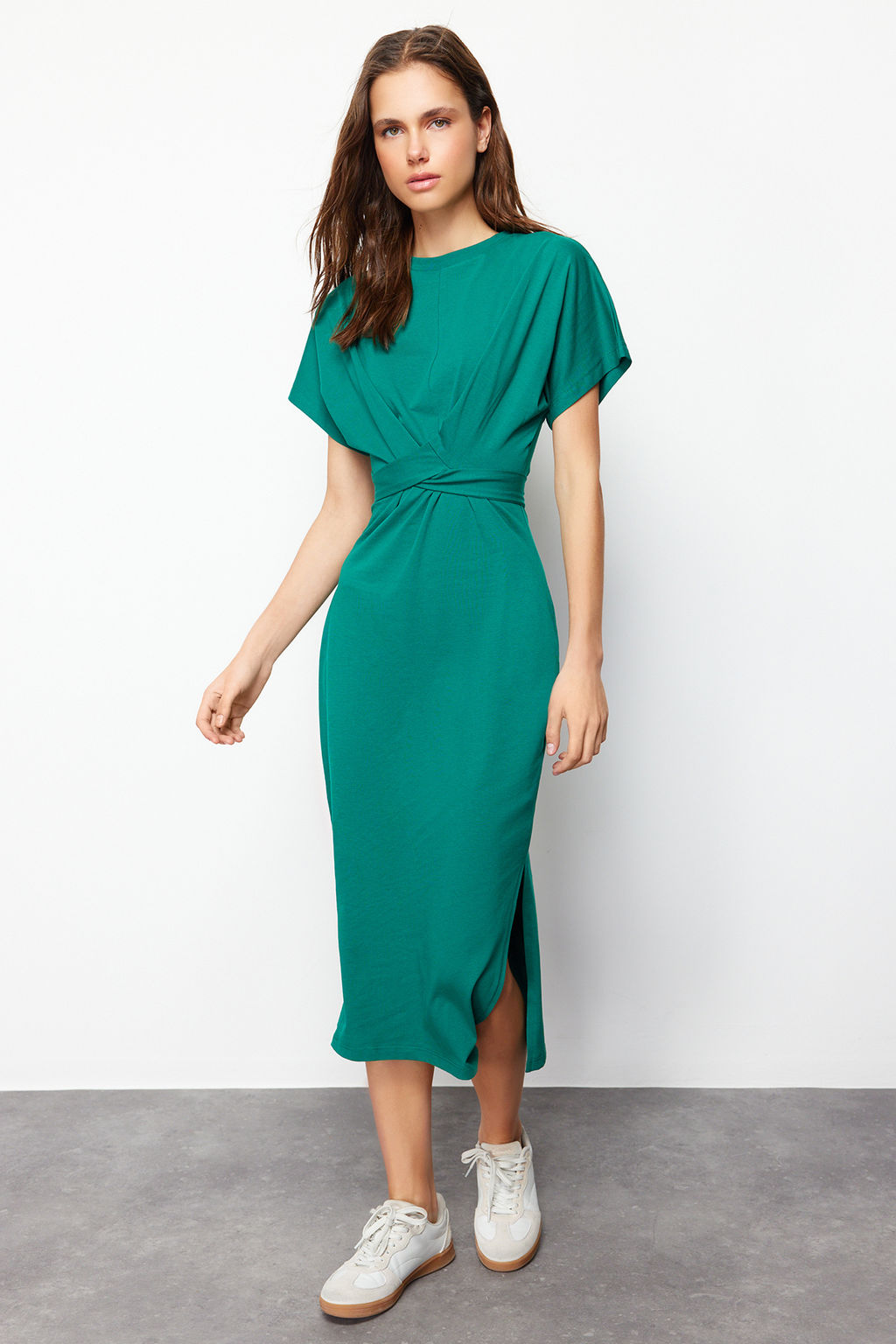TRENDYOLMILLA Siyah %100 Pamuk Bele Oturan Y?rtmac ve Baglama Detayl? Midi Orme Kalem Elbise TWOSS21EL0404  фото 38