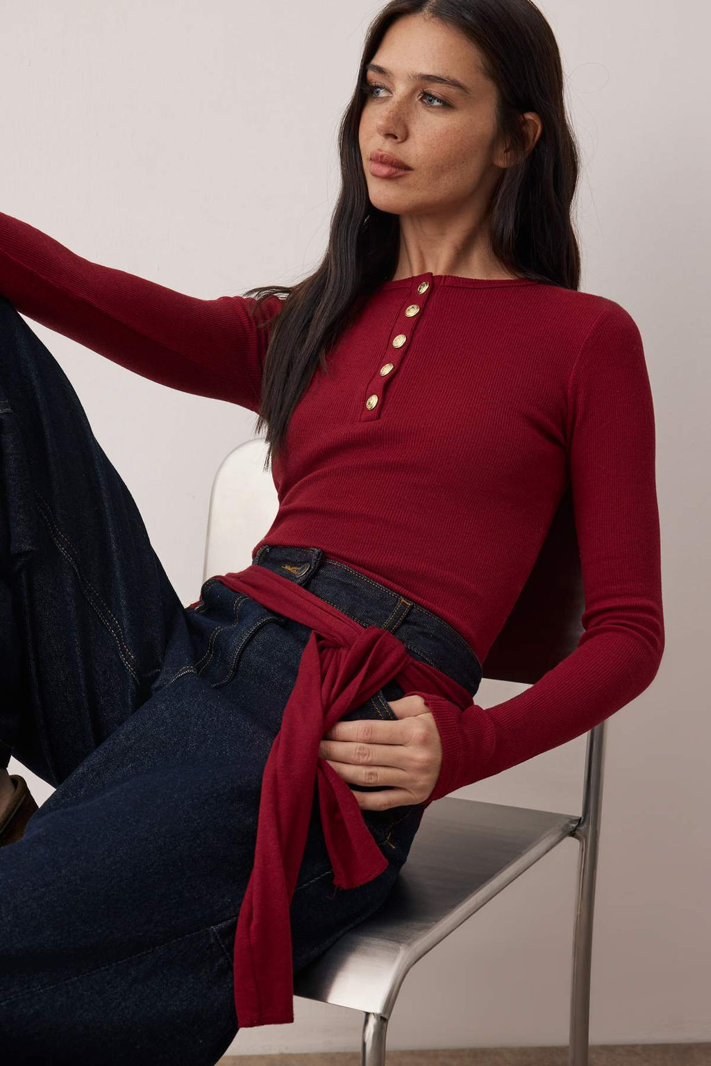 Bordo Bisiklet Yaka Dugmeli Fitted/Vucuda Oturan Esnek Fittilli Orme Bluz TWOAW26BZ00063