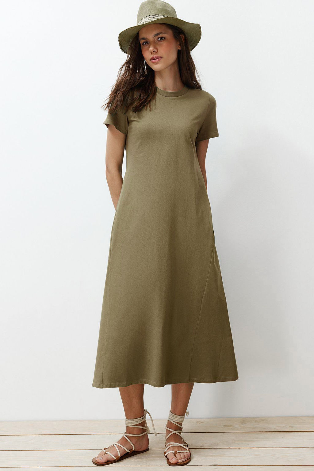 Haki Cepli Bisiklet Yaka A-Line Orme Midi Elbise TWOSS24EL00169