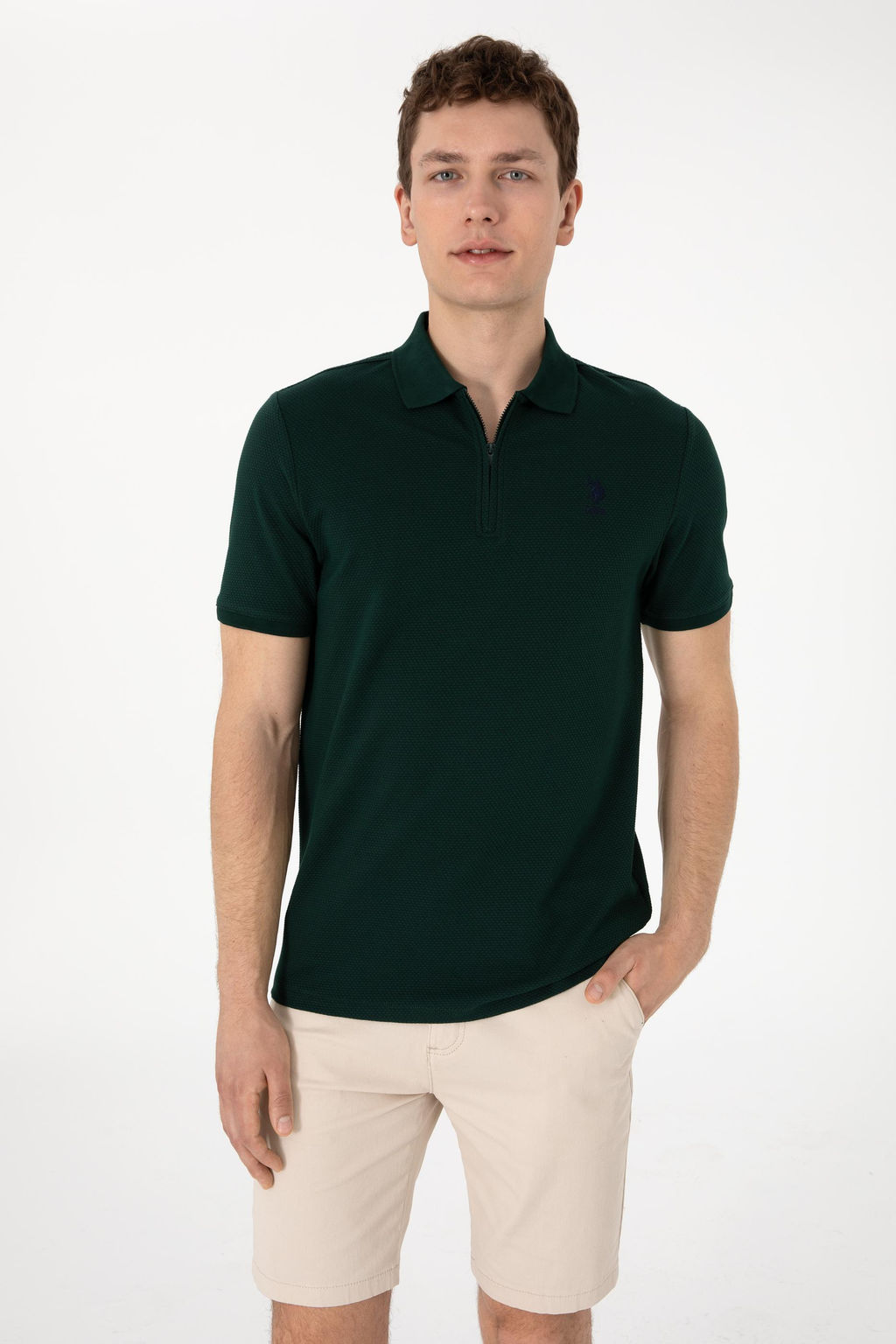 Erkek Regular Fit Fermuarl_ Koyu Ye_il Dokulu Ti__rt