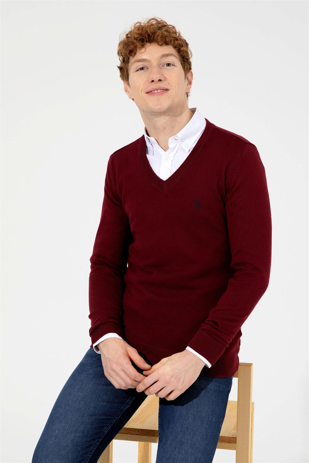 U. S. Polo Assn Мужской базовый трикотажный свитер бордового цвета с v-образным вырезом - U.s. polo assn фото 10