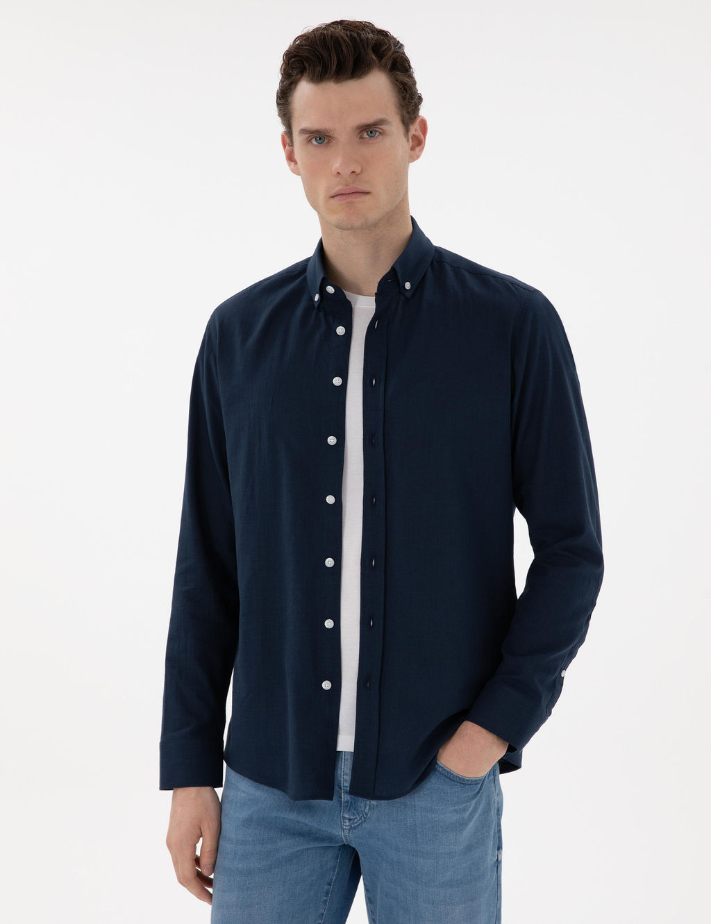 Lacivert Slim Fit Keten G_r_n_ml_ G_mlek