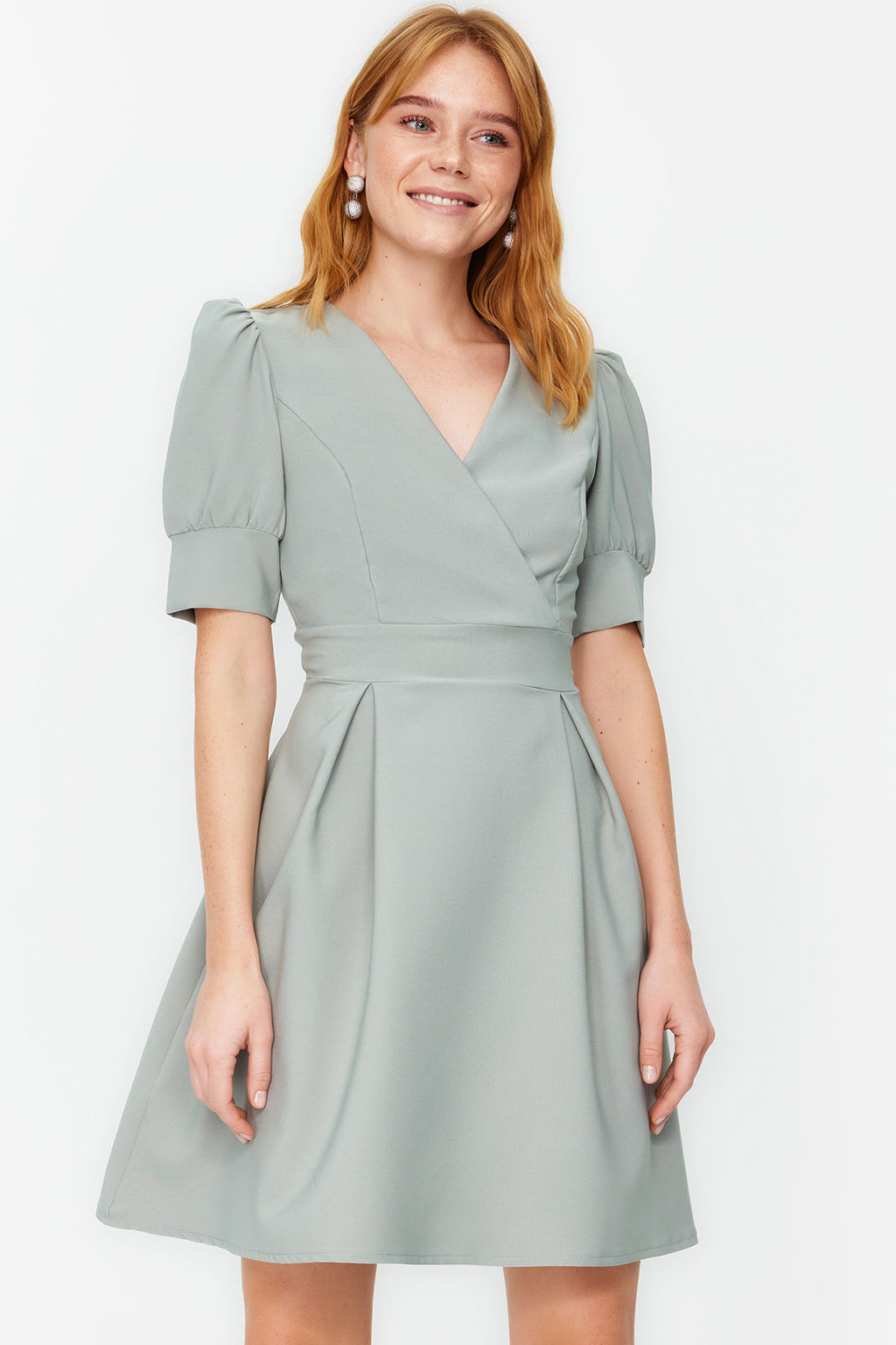 Mint Kruvaze Yaka Skater/Belden Ac?lan Mini Dokuma Elbise TWOSS20EL1639